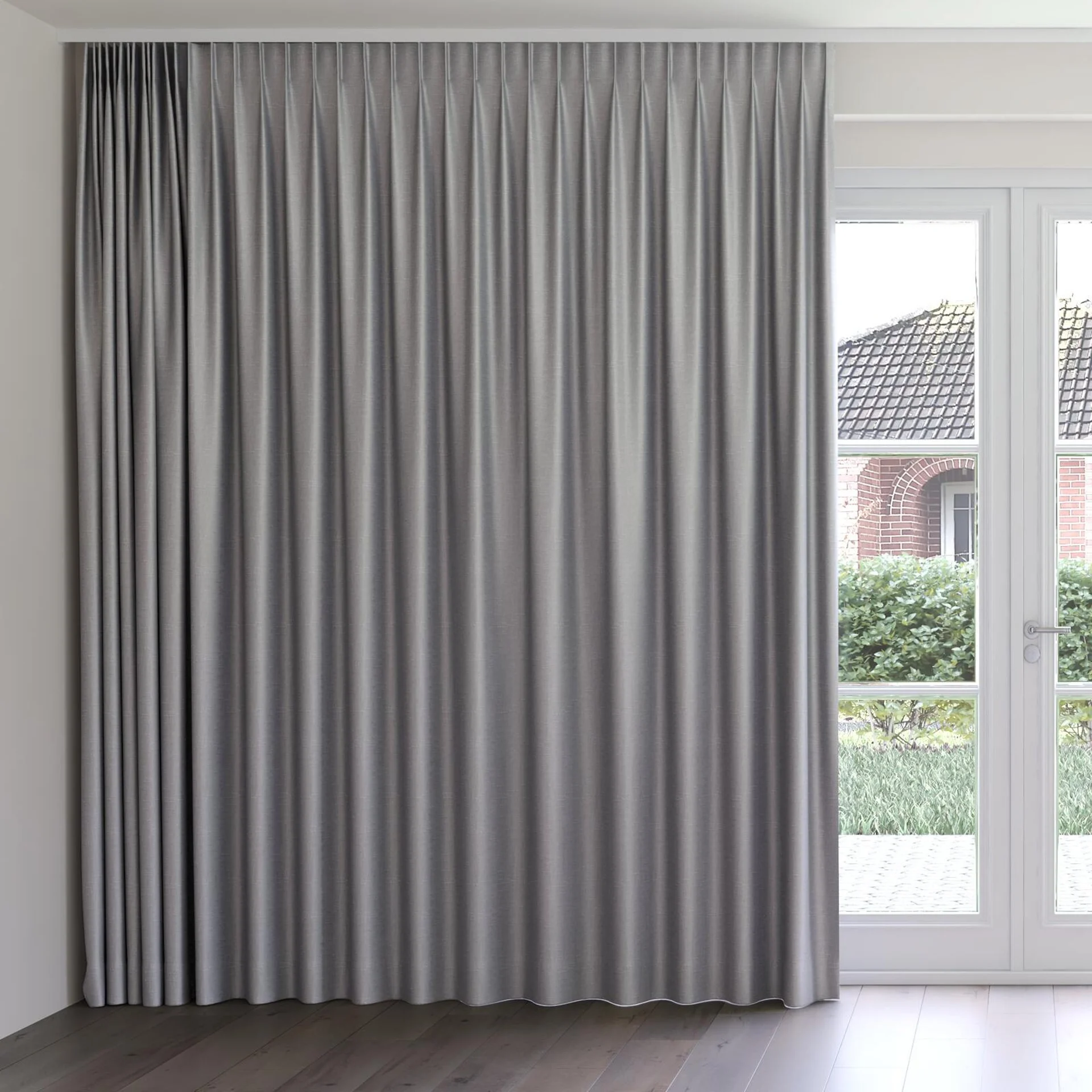 Front view of Stallion 2 Blackout Ash, on curtain rail