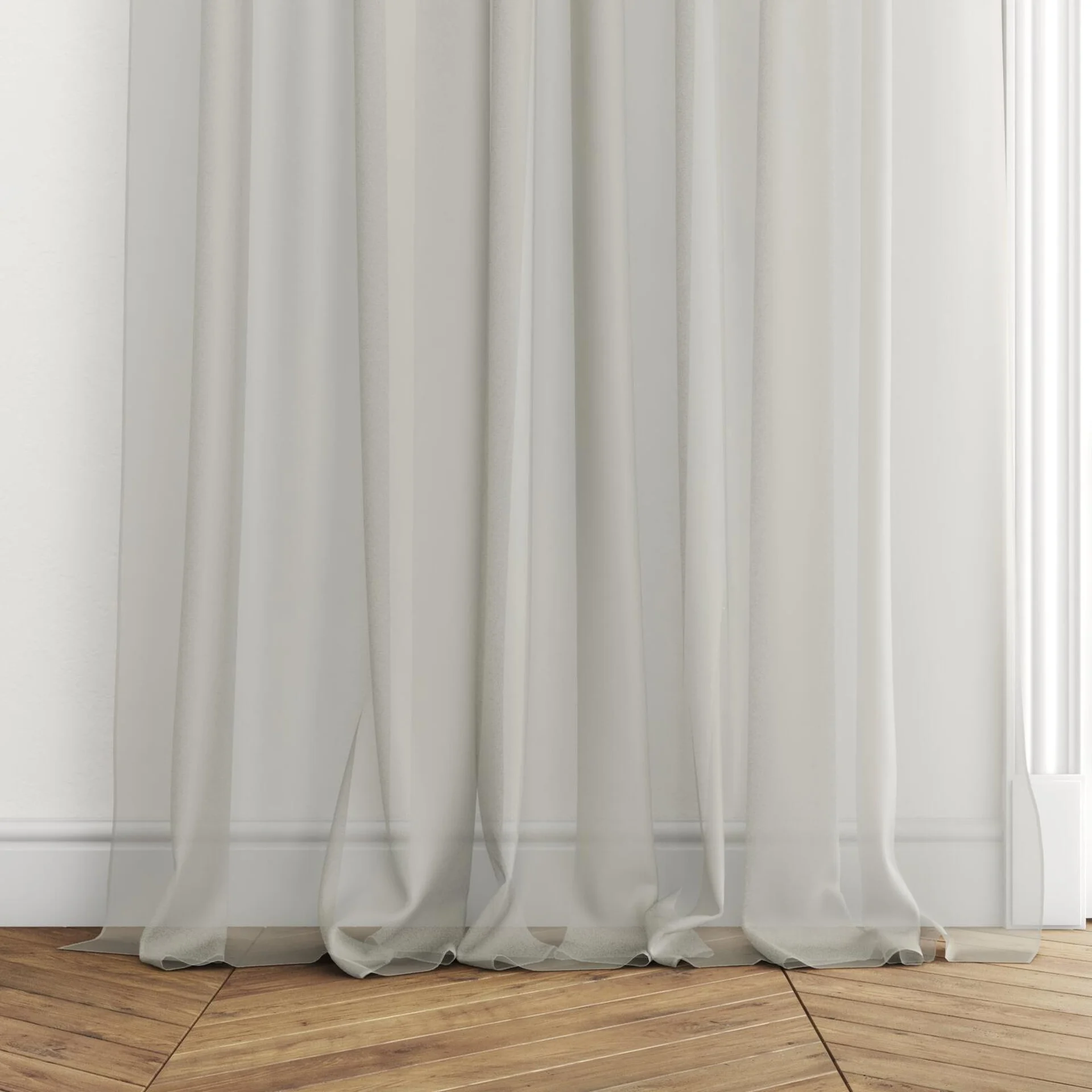 Bottom view of Xo Chinchilla, puddled with pinch pleat, on curtain rod