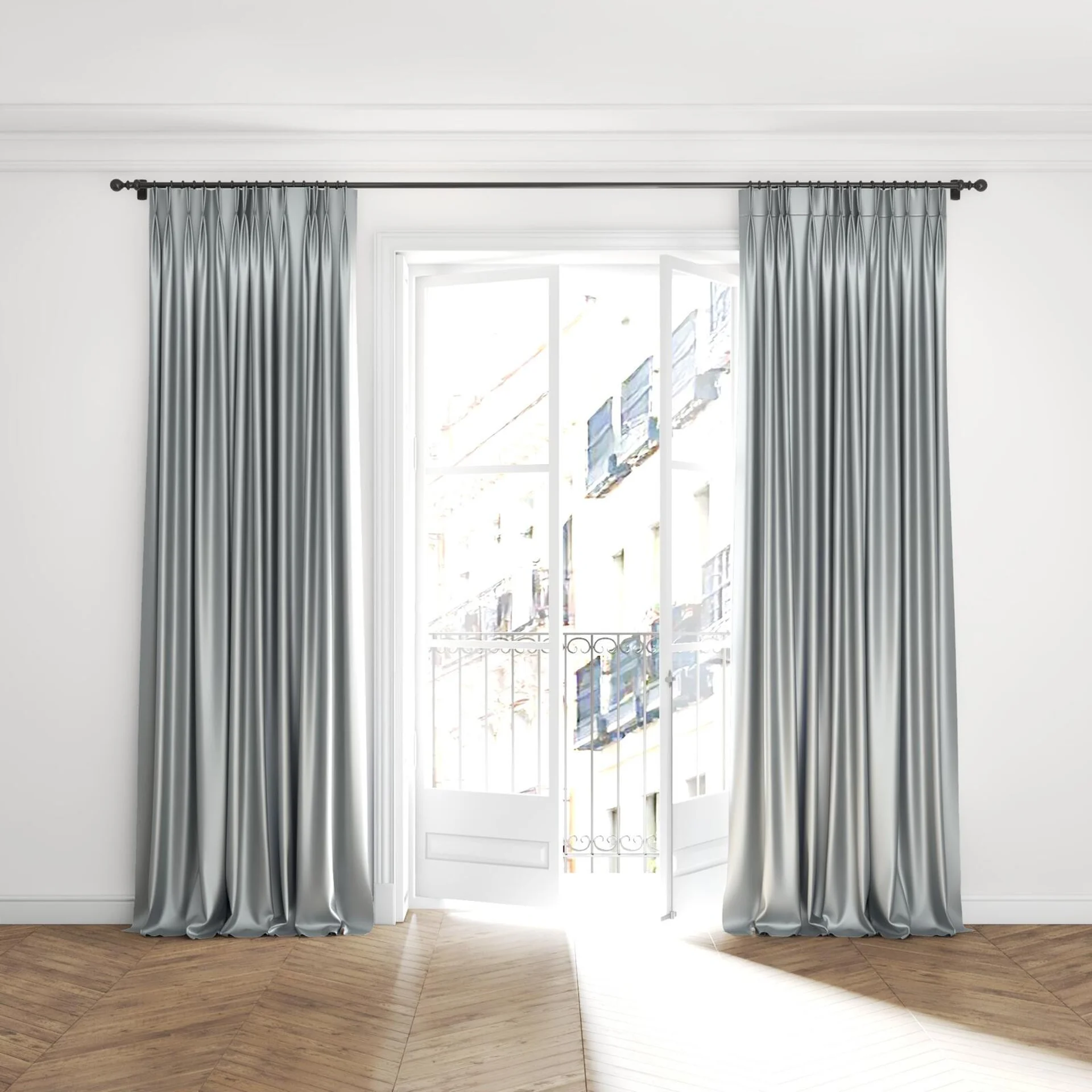 Full view of North Face Horizon, puddled with pinch pleat, on curtain rod