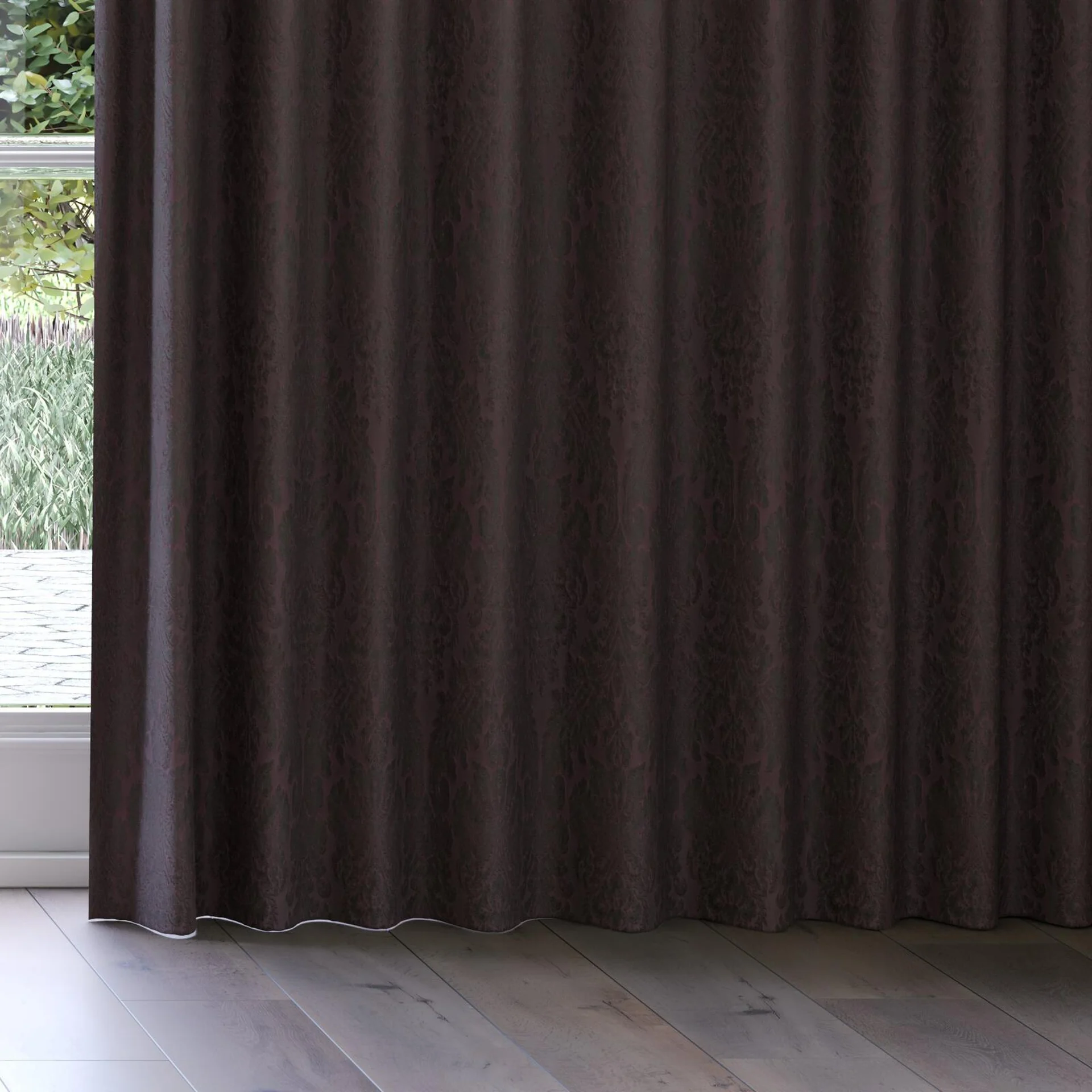 Bottom view of Gosh Aubergine, on curtain rail