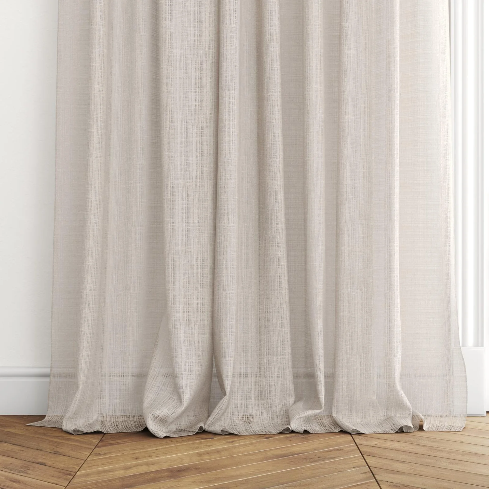 Bottom view of Scandinese Blush, puddled with pinch pleat, on curtain rod