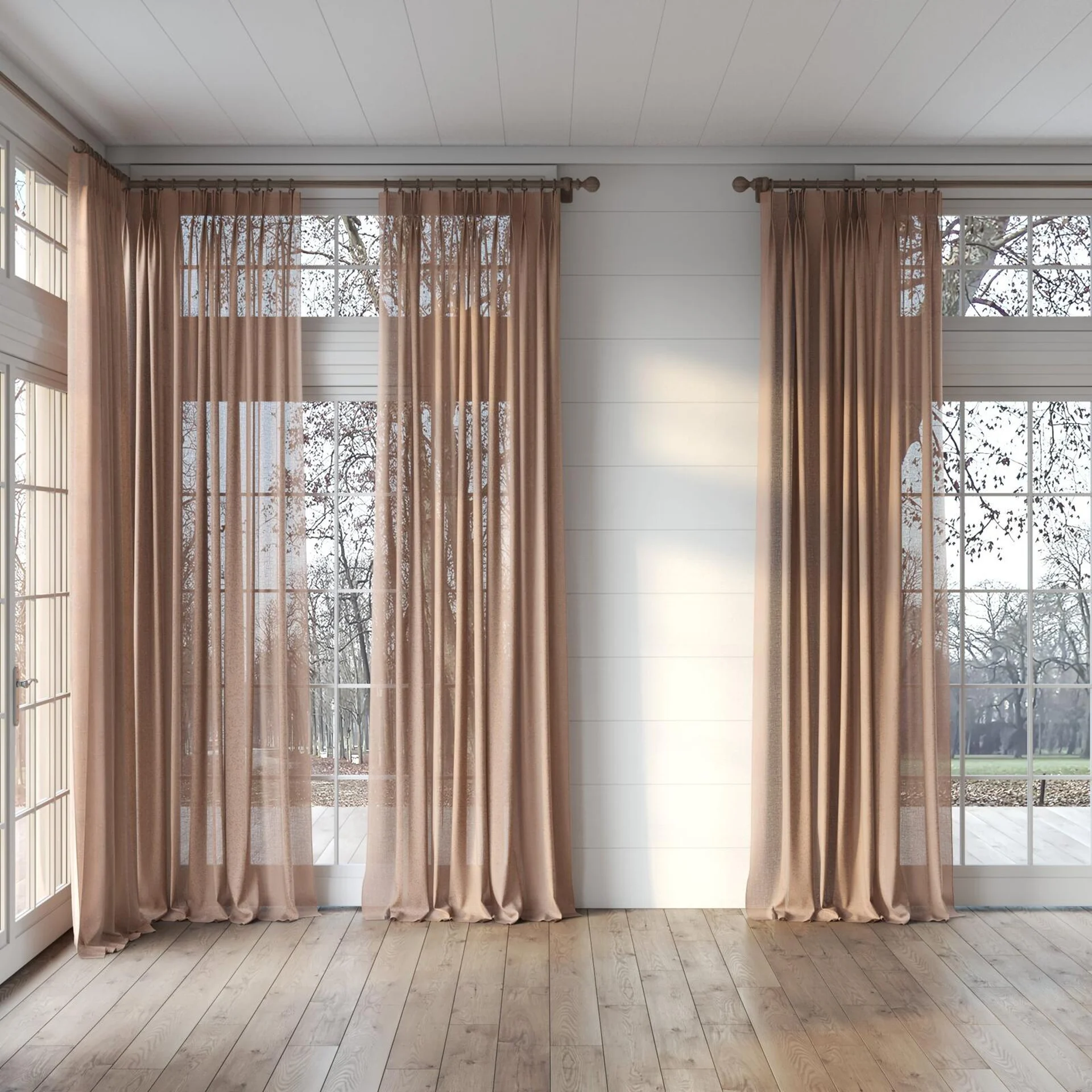 Full view of Element Blush, puddled, on curtain rod