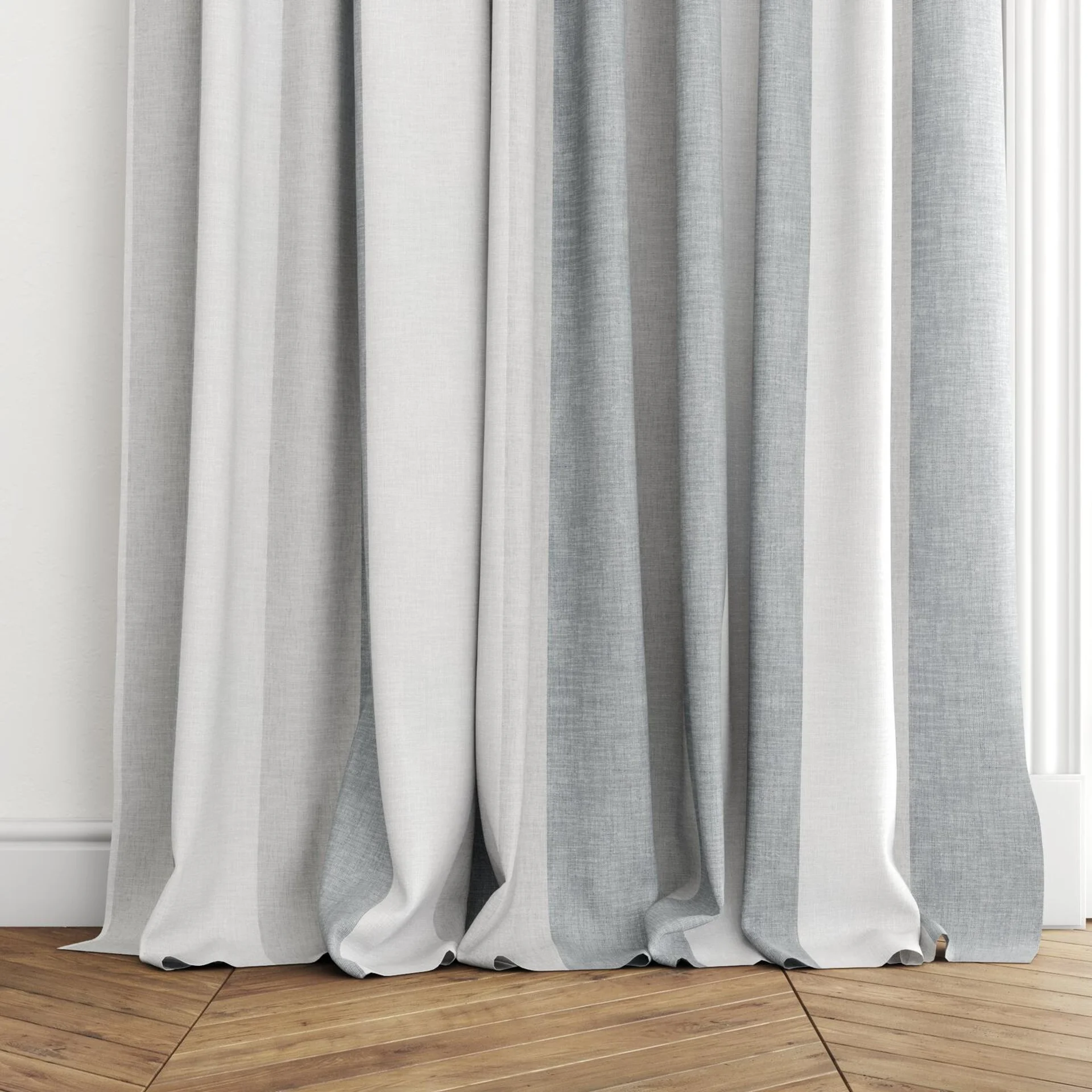 Bottom view of Tully Harbour, puddled with pinch pleat, on curtain rod