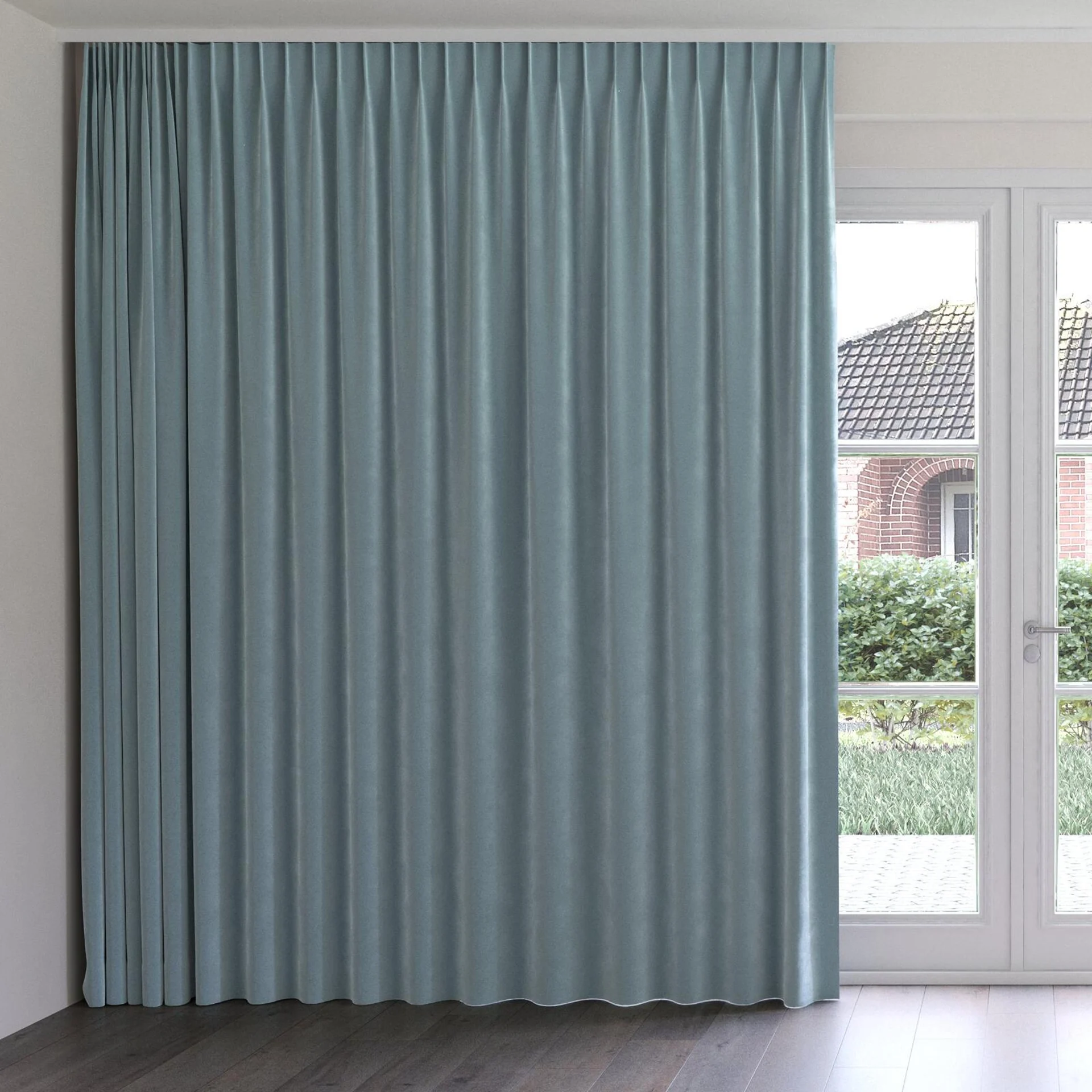 Front view of Verbier Aqua, on curtain rail