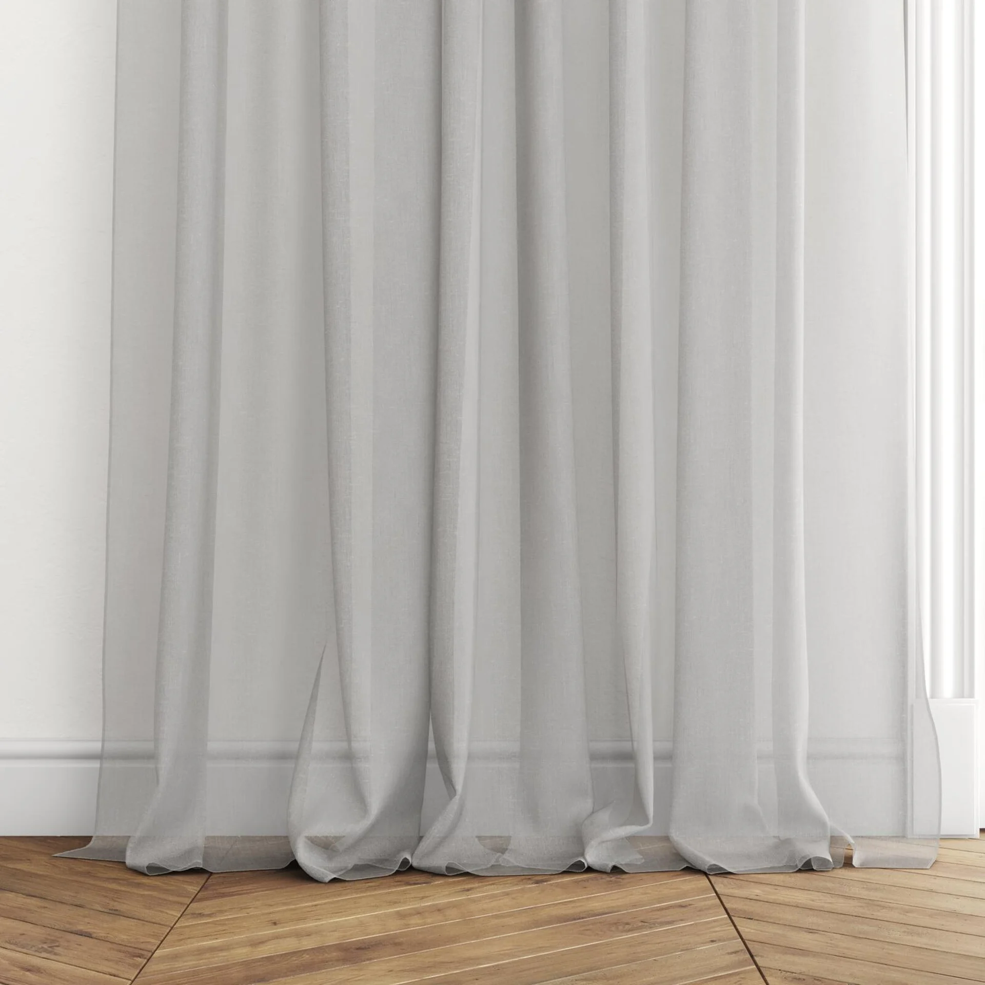 Bottom view of Distill Pewter, puddled with pinch pleat, on curtain rod