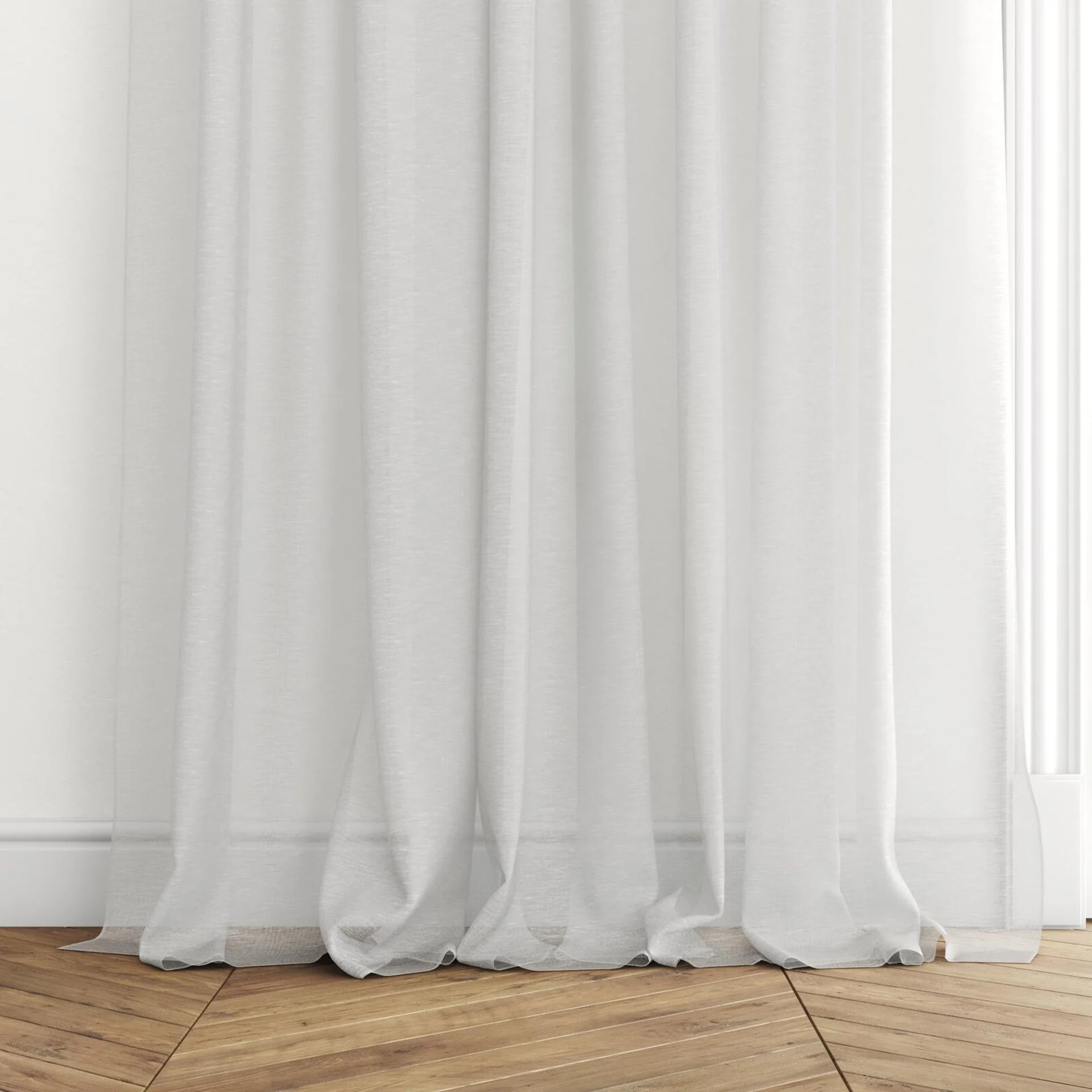 Bottom view of Locomotion Pure, puddled with pinch pleat, on curtain rod