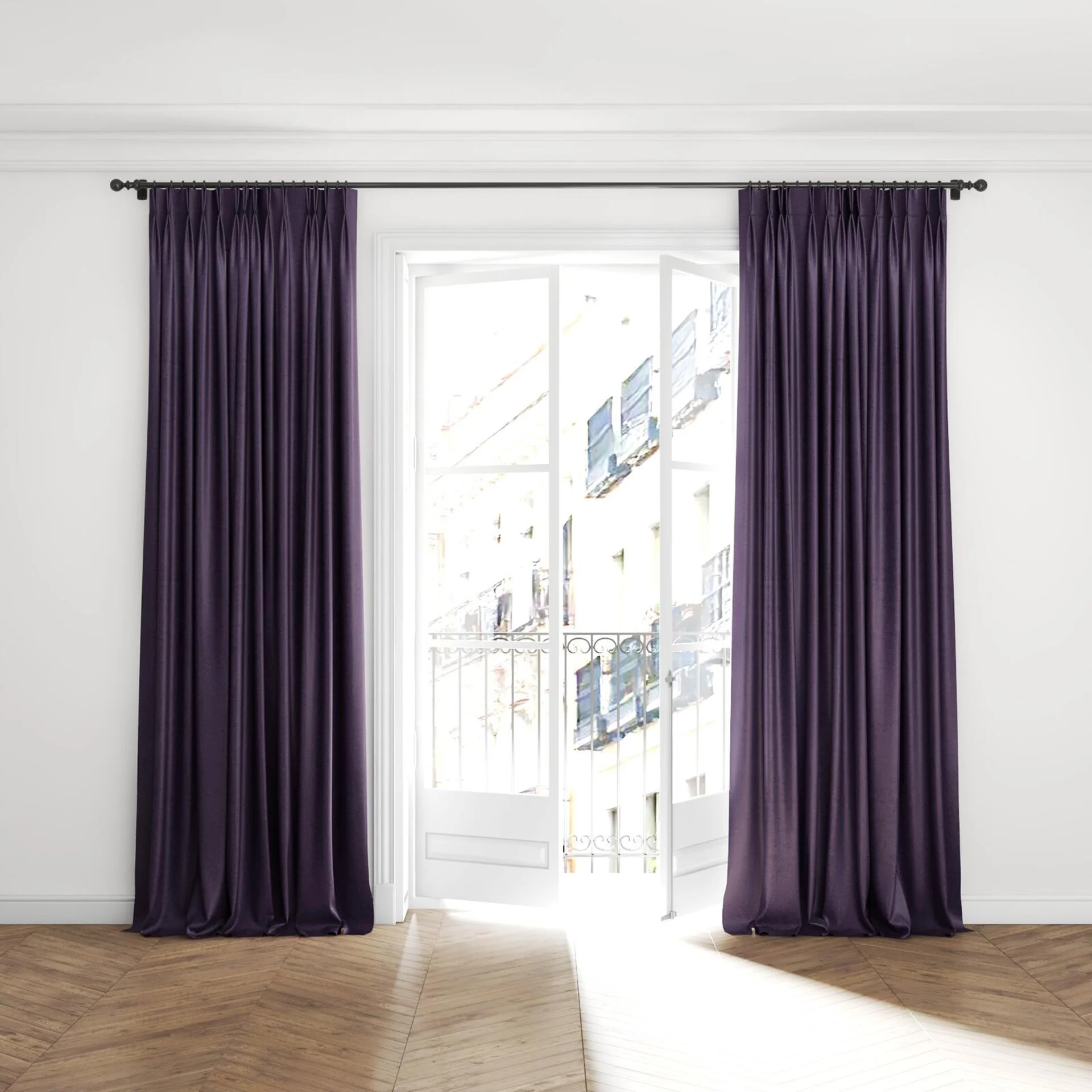 Full view of Lambada Sparrow, puddled with pinch pleat, on curtain rod
