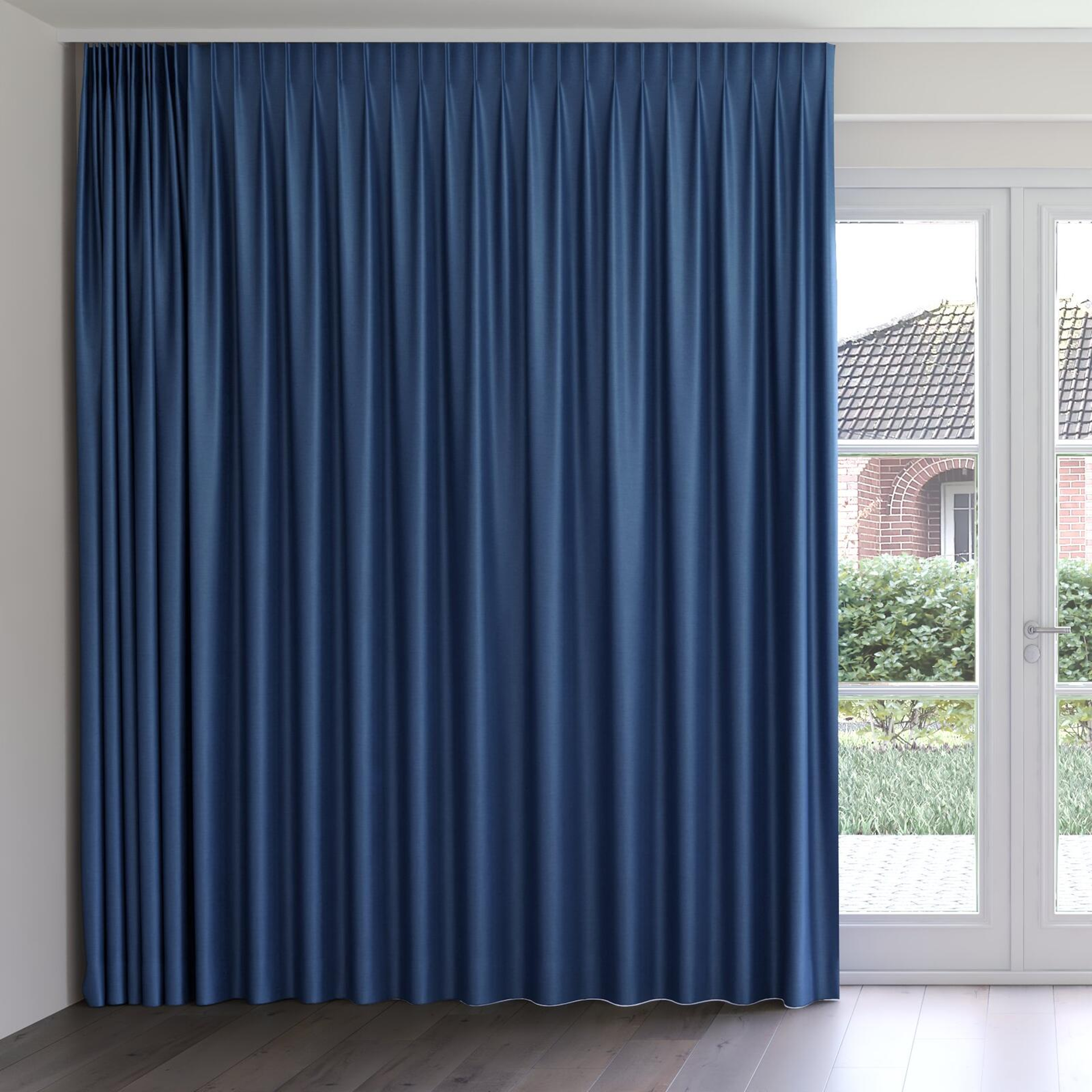 Front view of Provence Indigo, on curtain rail