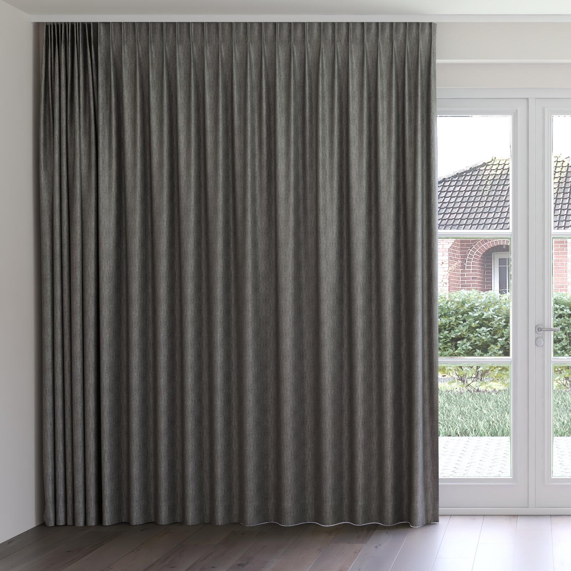 Front view of Trezor Charcoal, on curtain rail