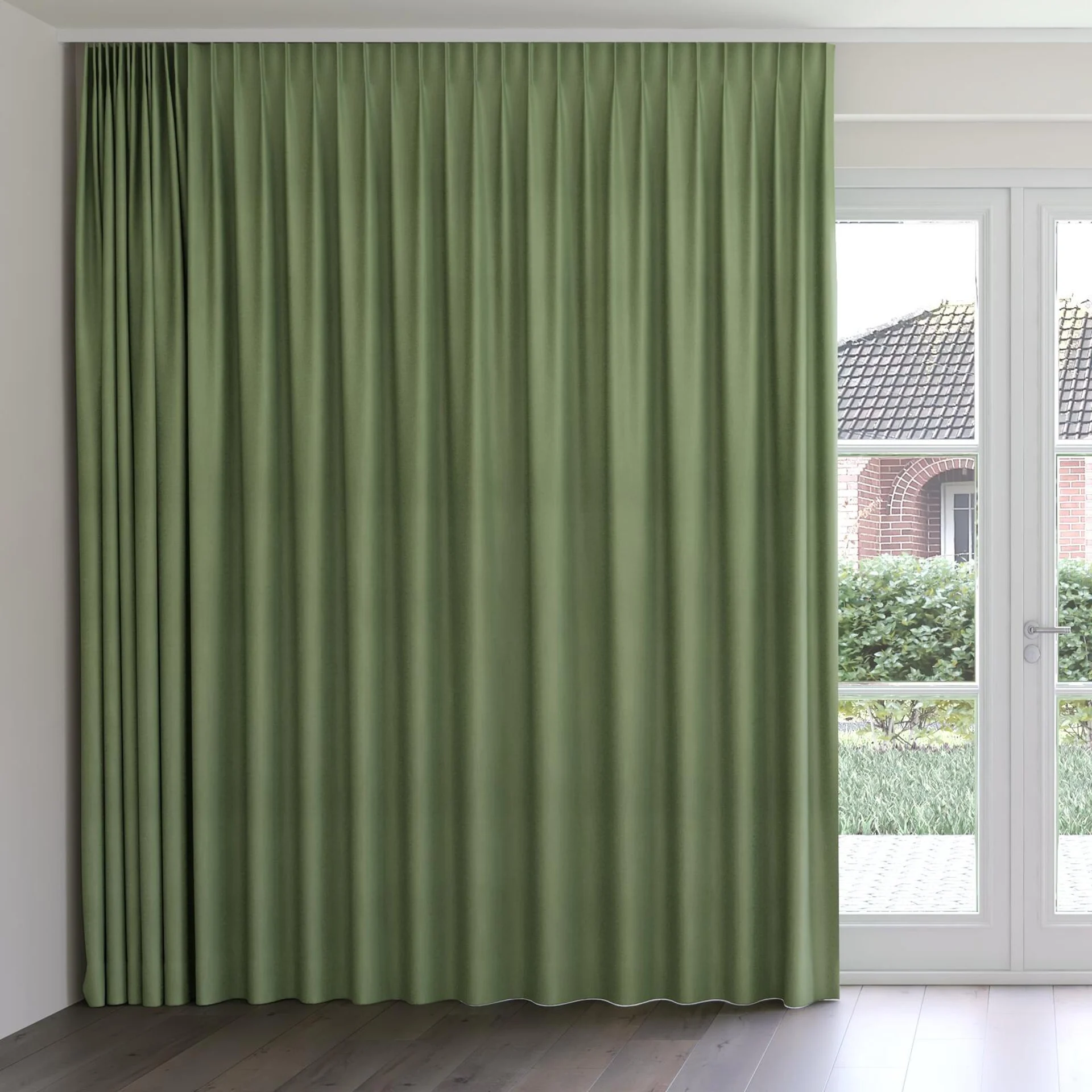 Front view of Loci Dim Out Palm, on curtain rail