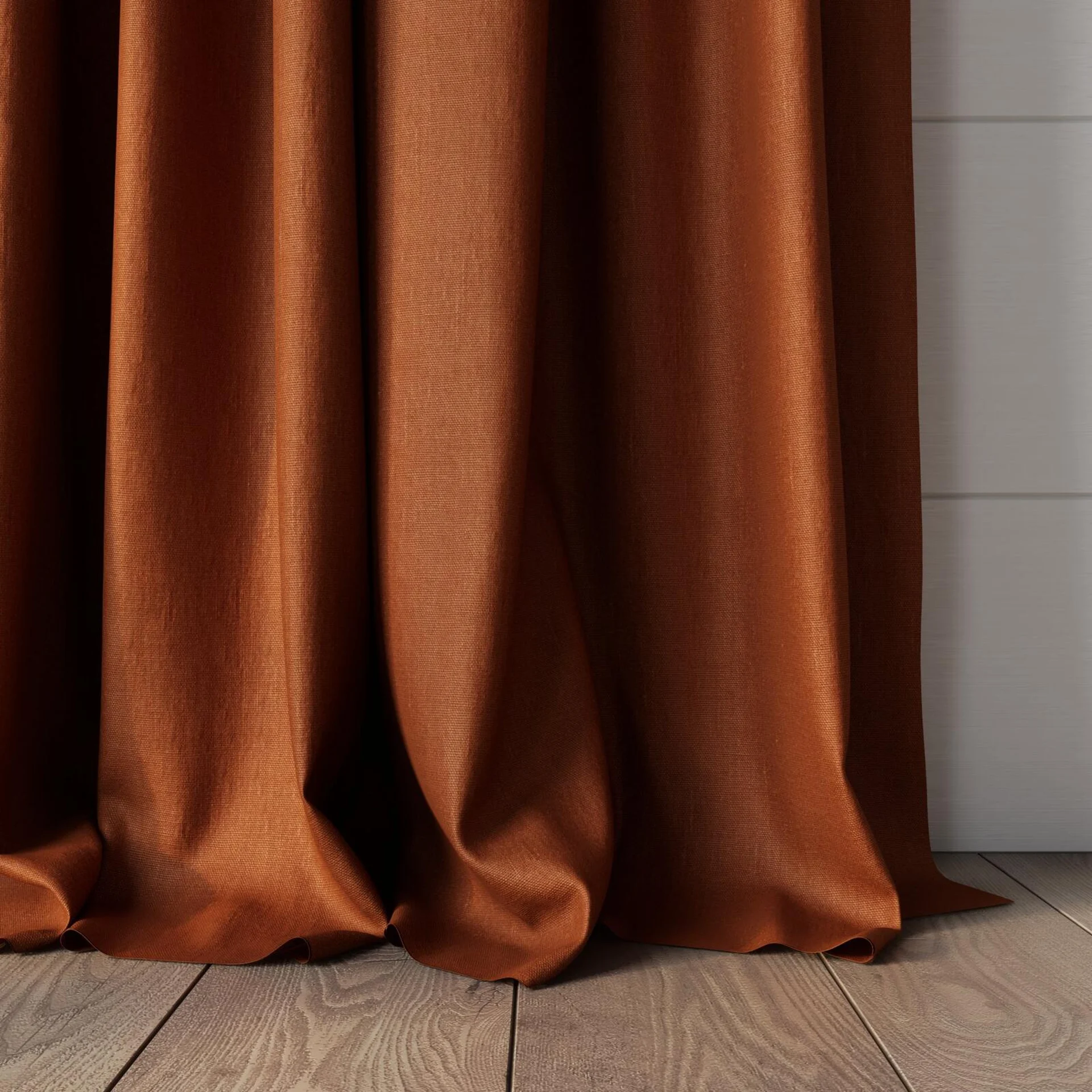 Bottom view of Eternal Burnt Orange, puddled, on curtain rod
