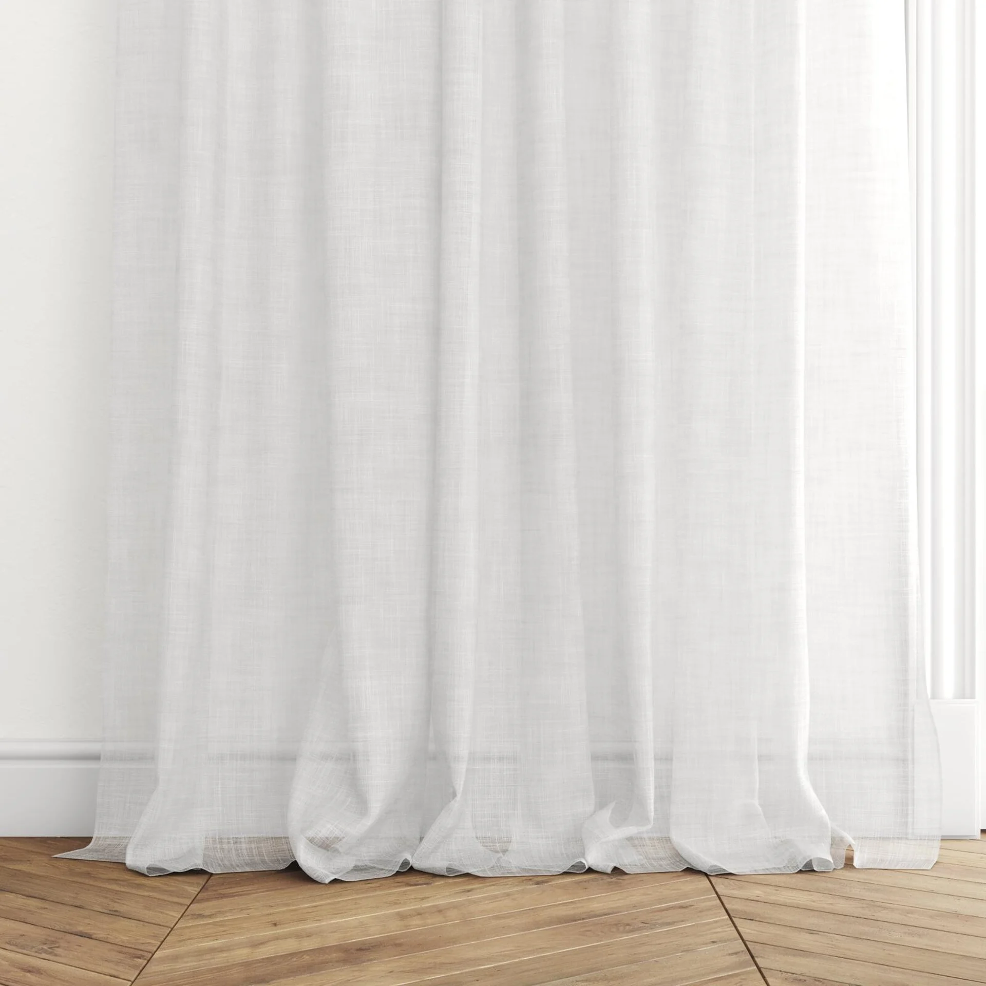 Bottom view of Coastal Blanc, puddled with pinch pleat, on curtain rod