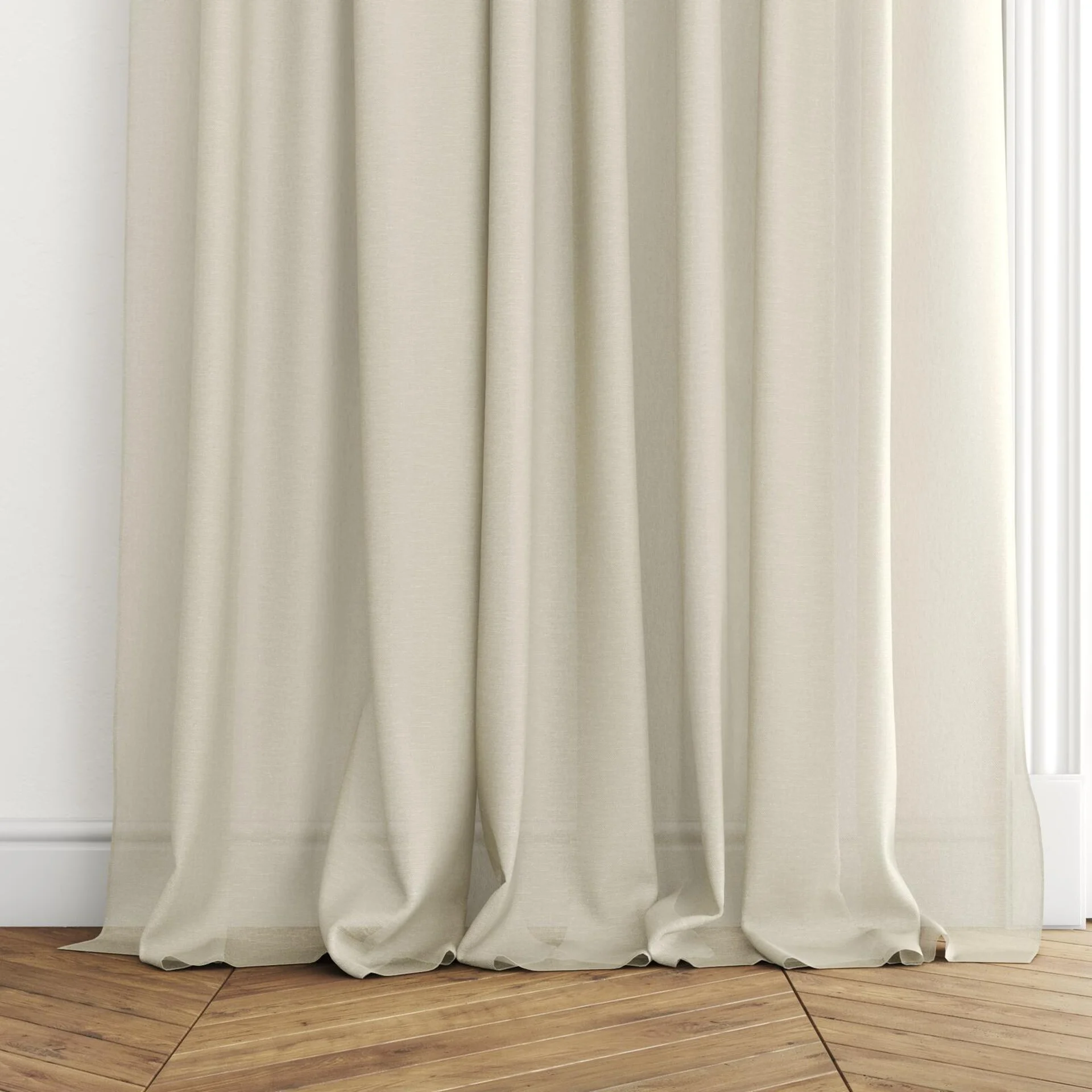 Bottom view of Alcova Desert, puddled with pinch pleat, on curtain rod