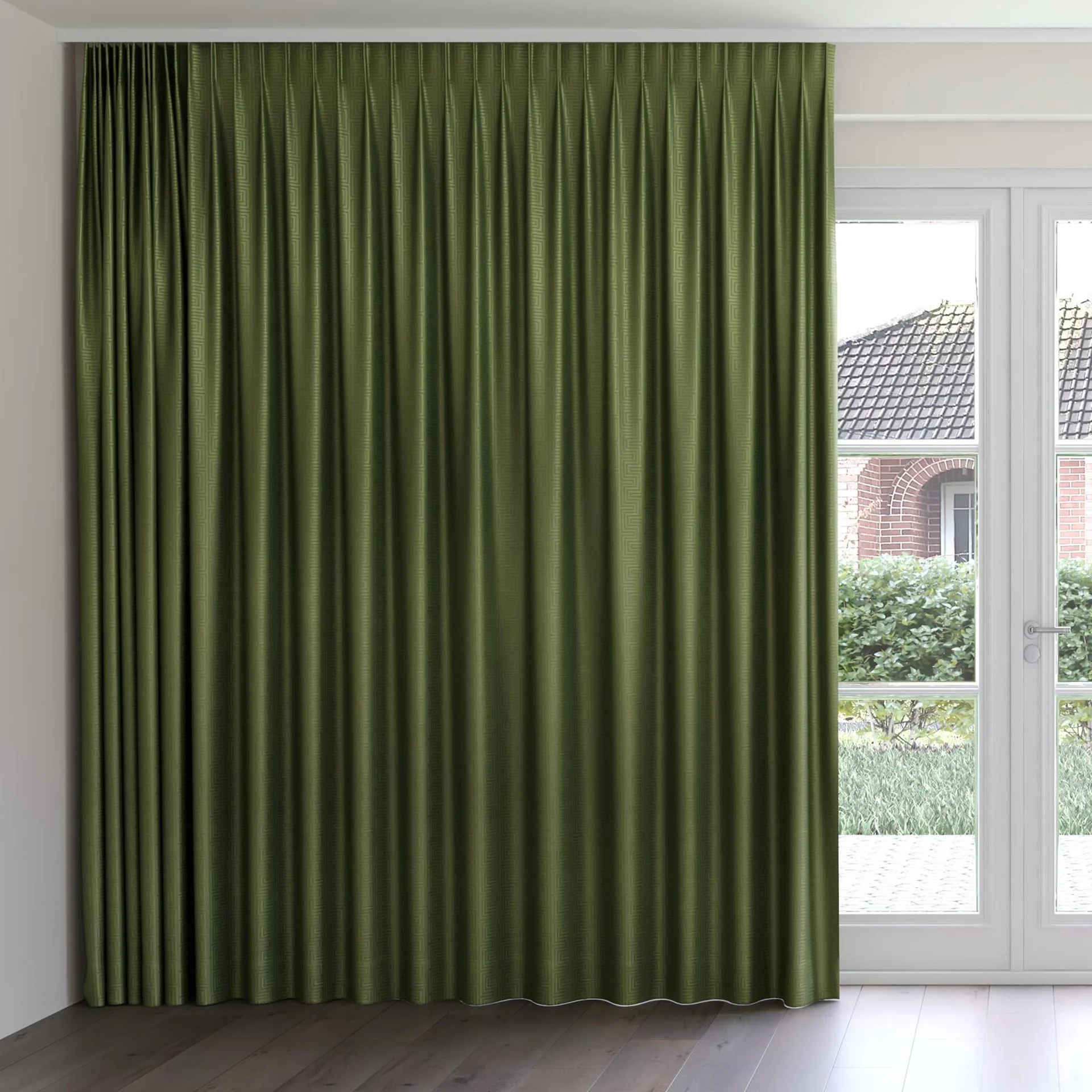 Front view of Remain Olive, on curtain rail