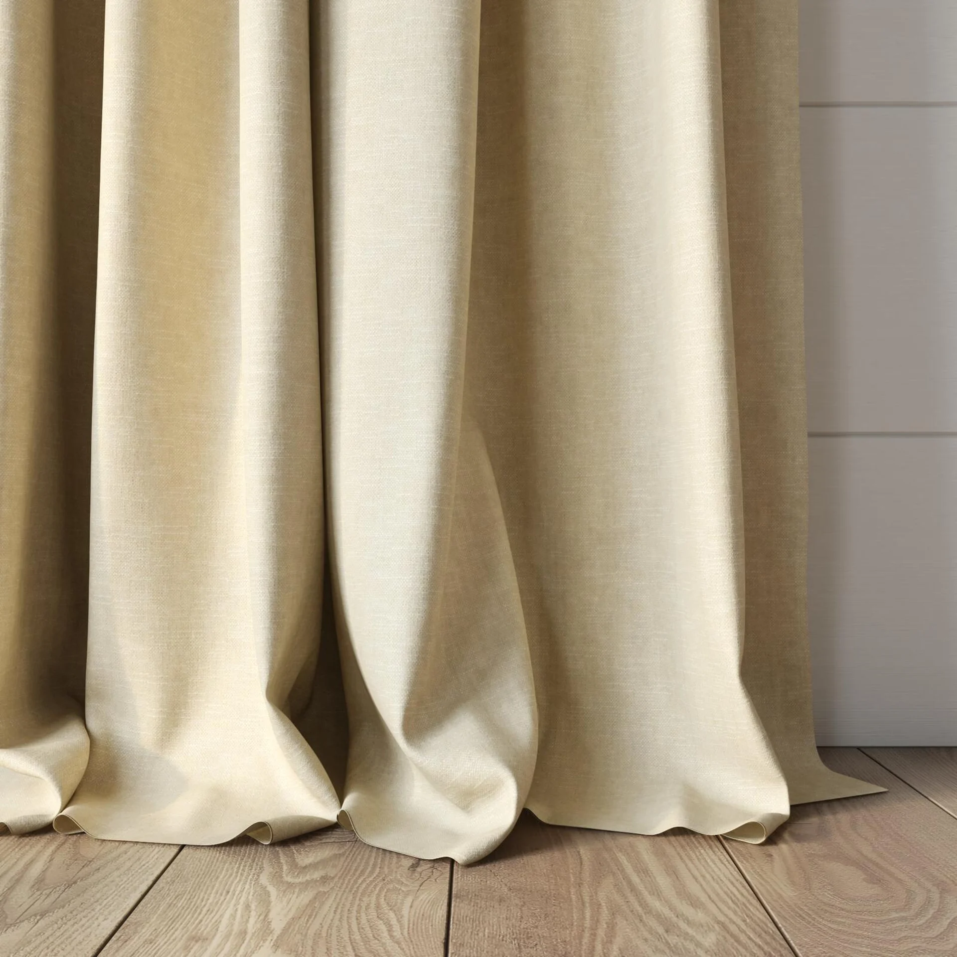 Bottom view of Rover Cream, puddled, on curtain rod
