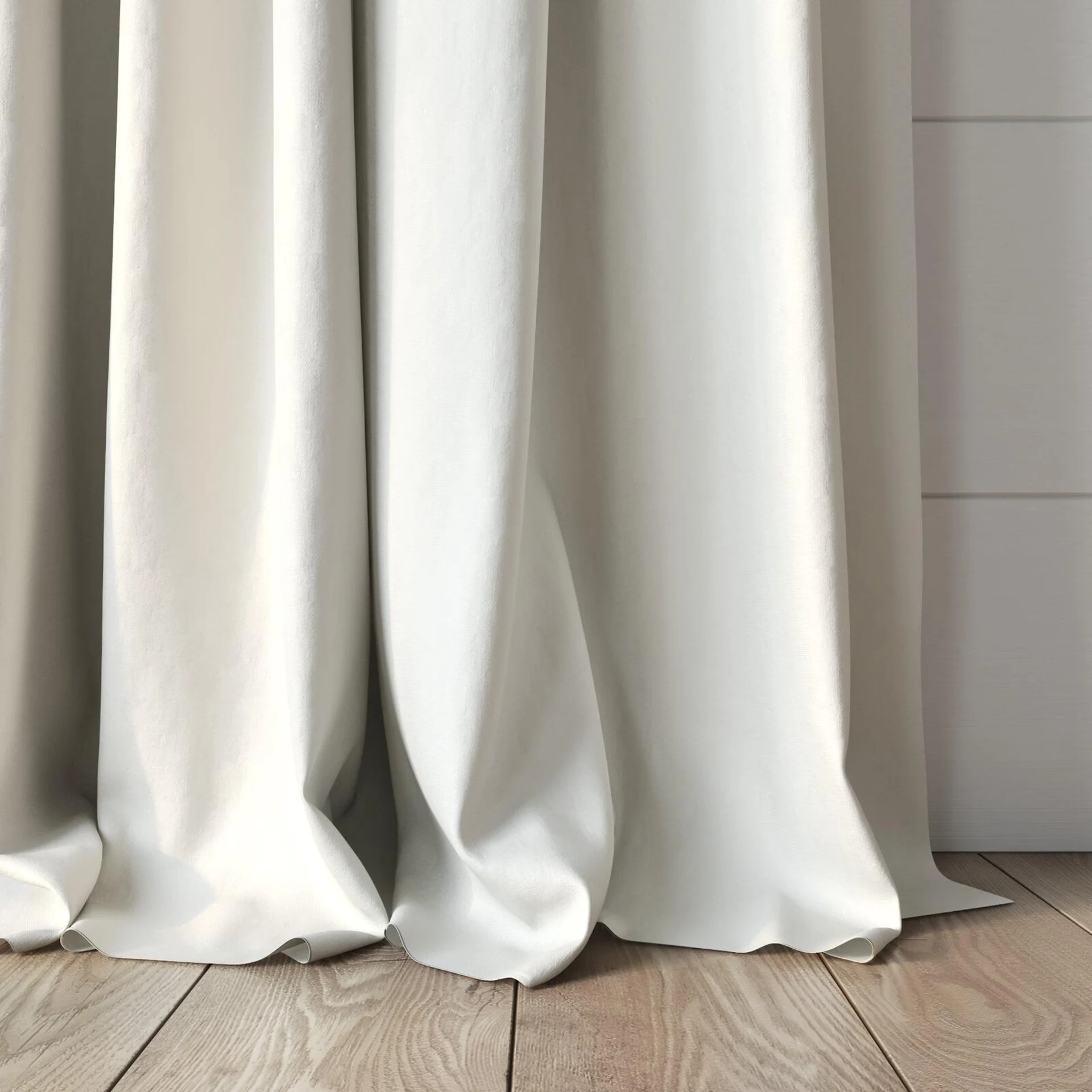 Bottom view of Eternal Ivory, puddled, on curtain rod