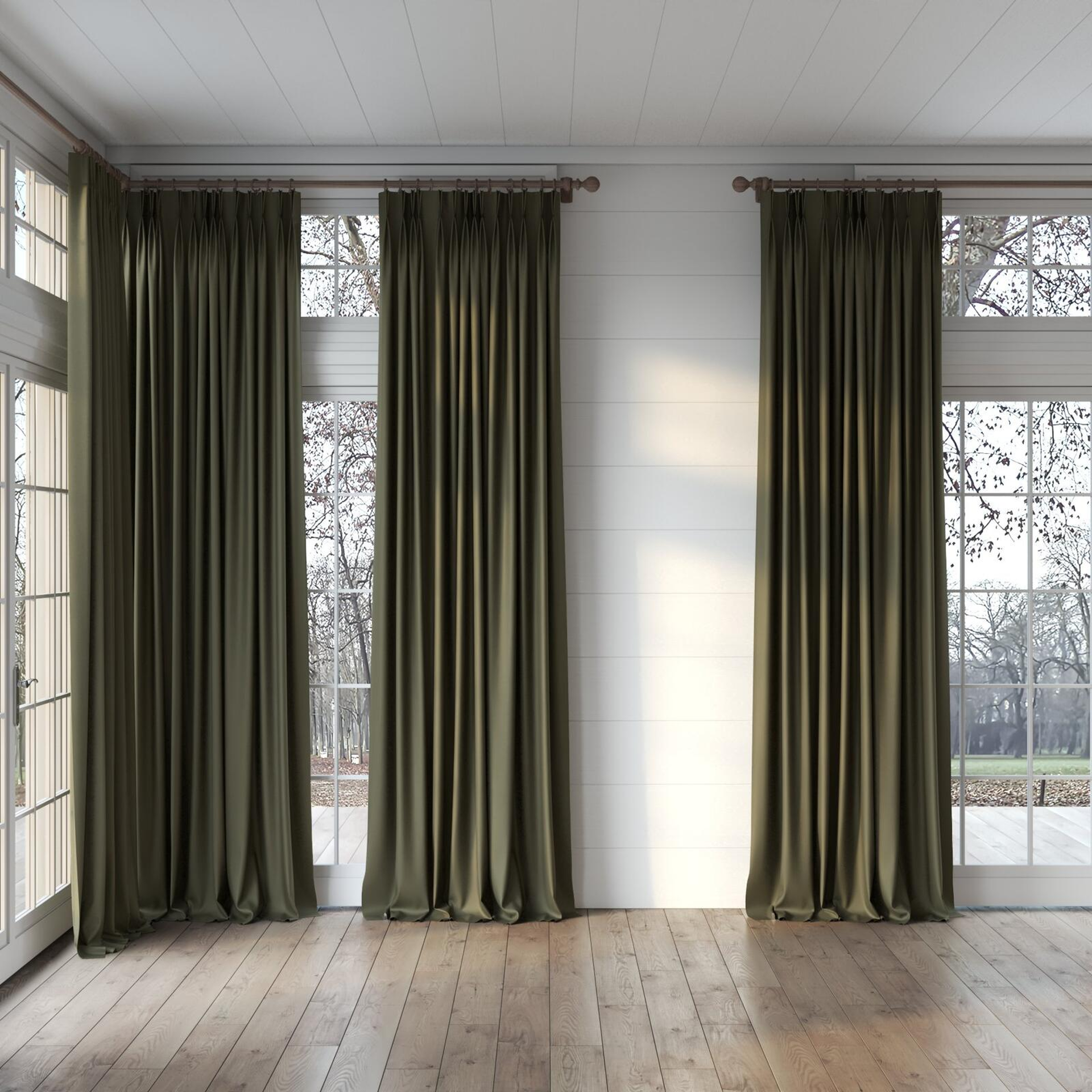 Full view of Atelier Moss, puddled, on curtain rod