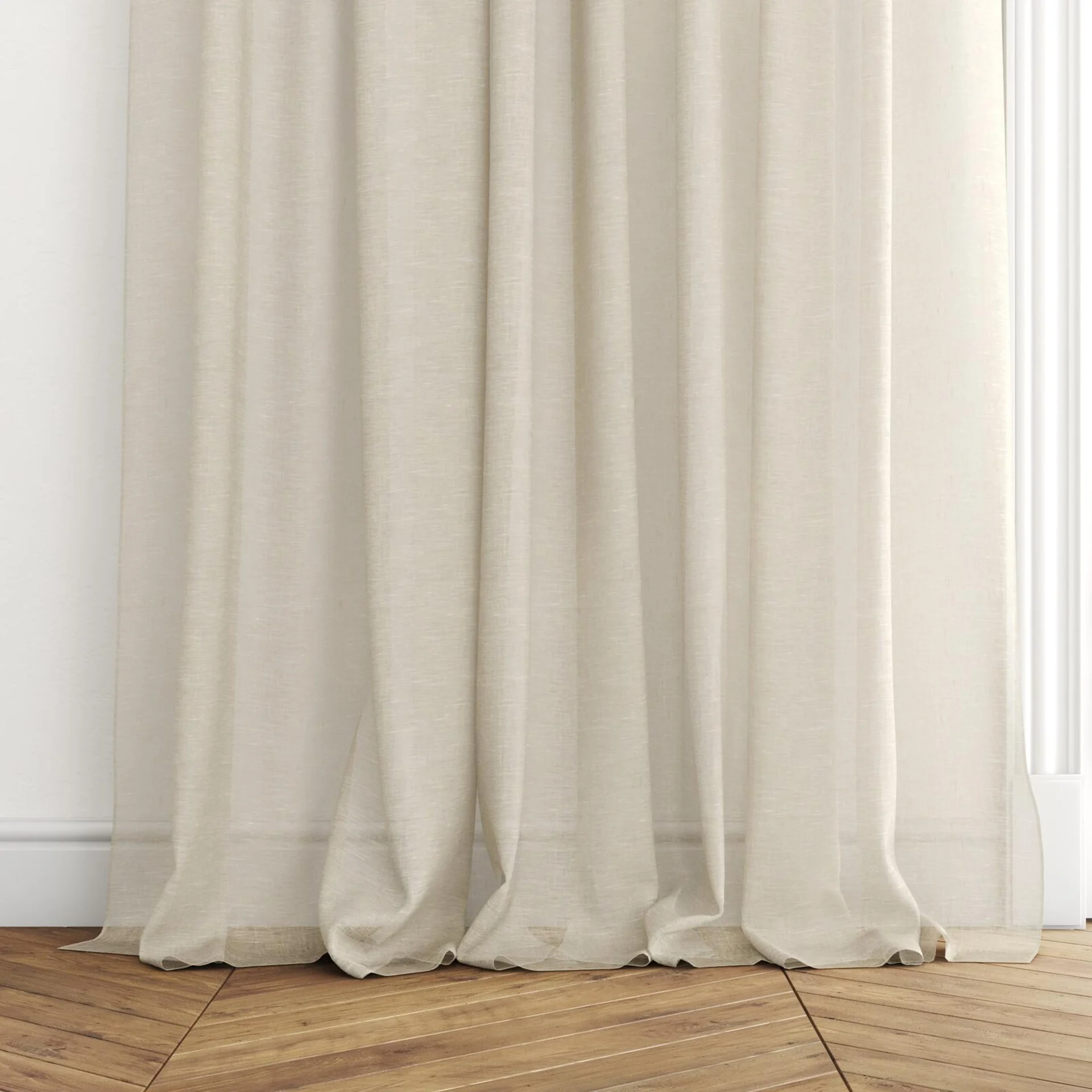 Bottom view of Lino Citrus, puddled with pinch pleat, on curtain rod