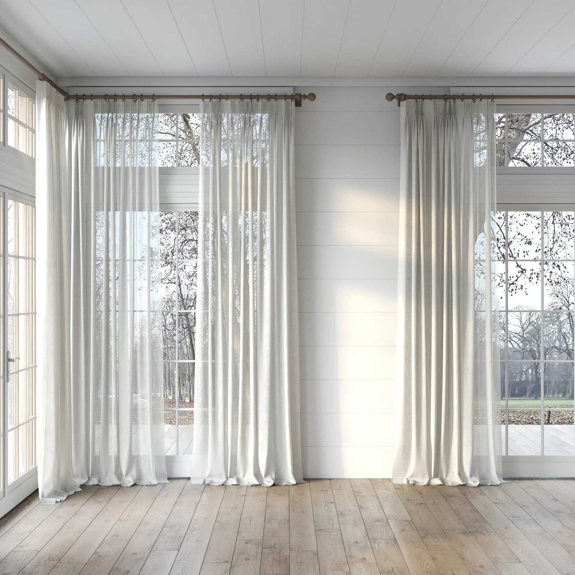 Full view of Statement Linen, puddled, on curtain rod