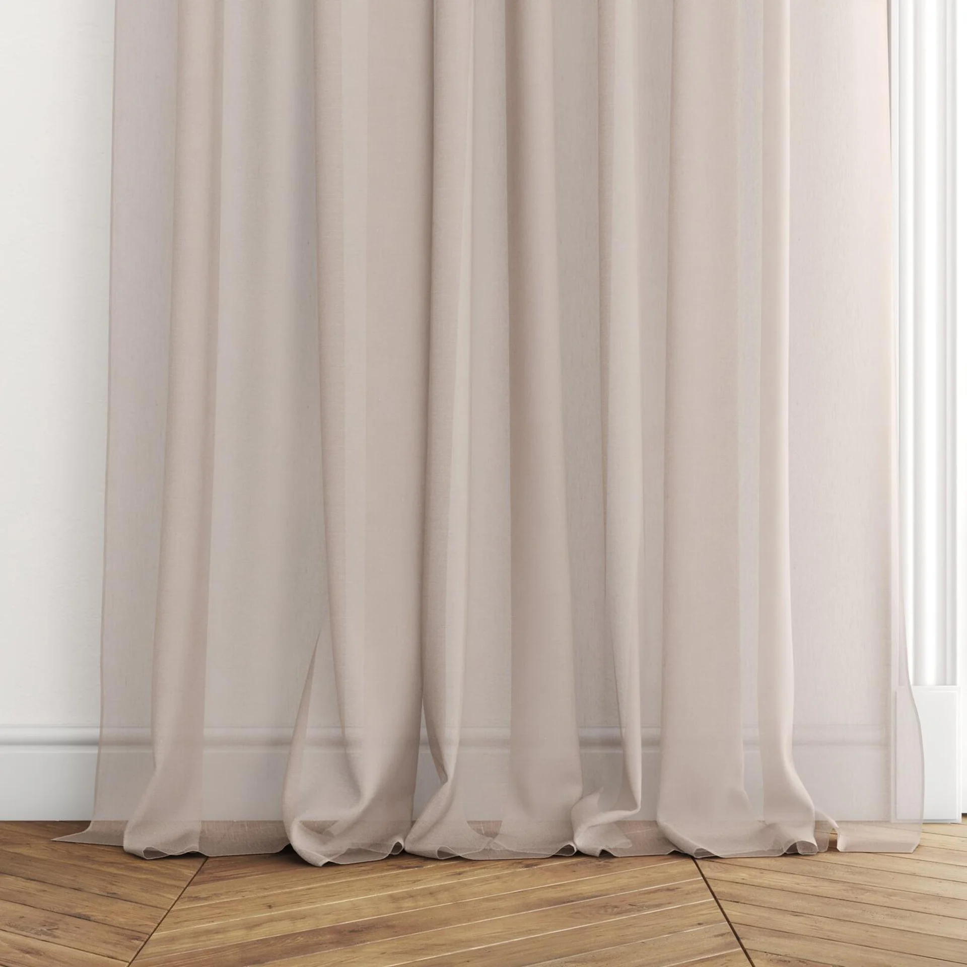 Bottom view of Cavalier Blush, puddled with pinch pleat, on curtain rod