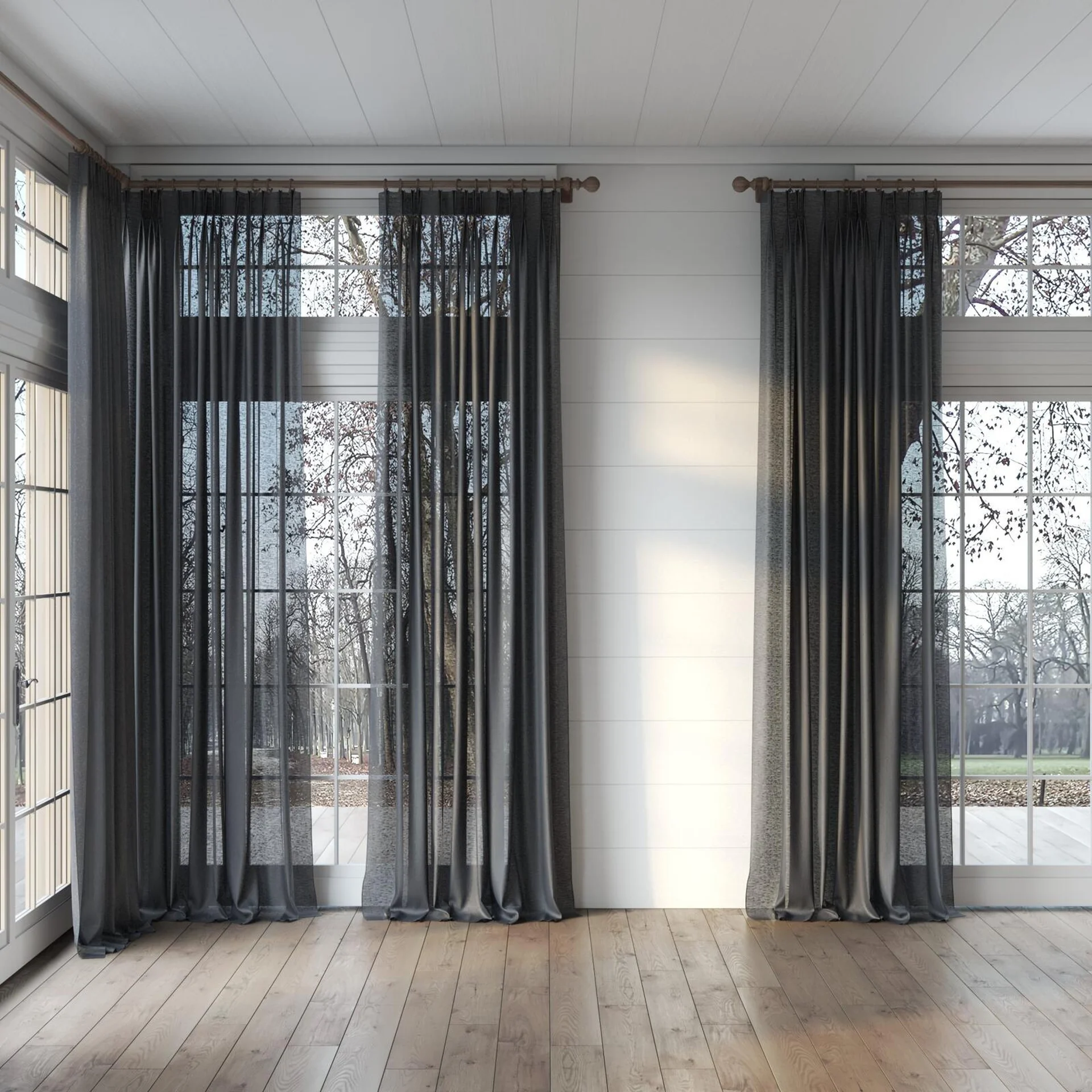Full view of Laconia Air Obsidian, puddled, on curtain rod