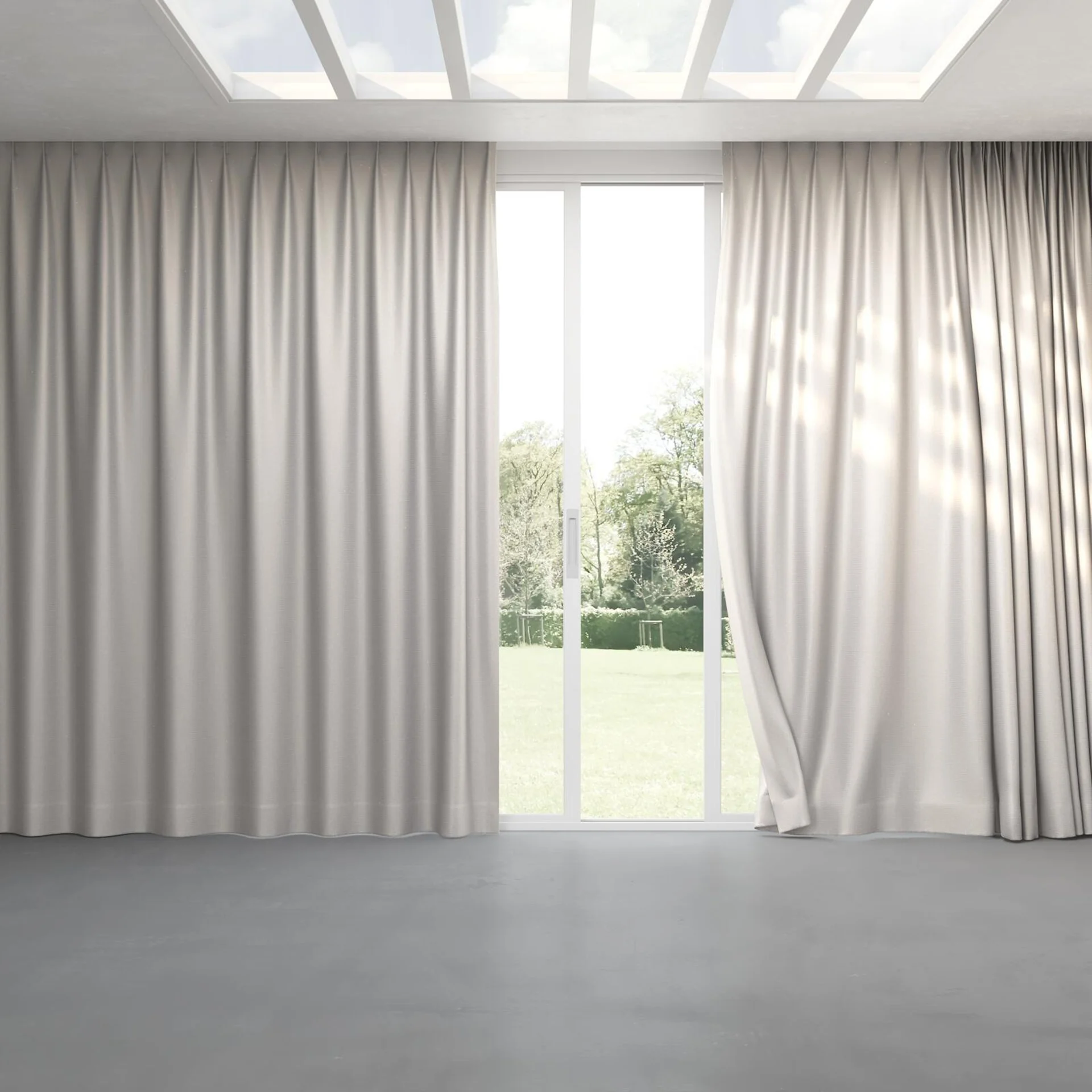Full view of Kennedy II Blackout Parchment, pinch pleat