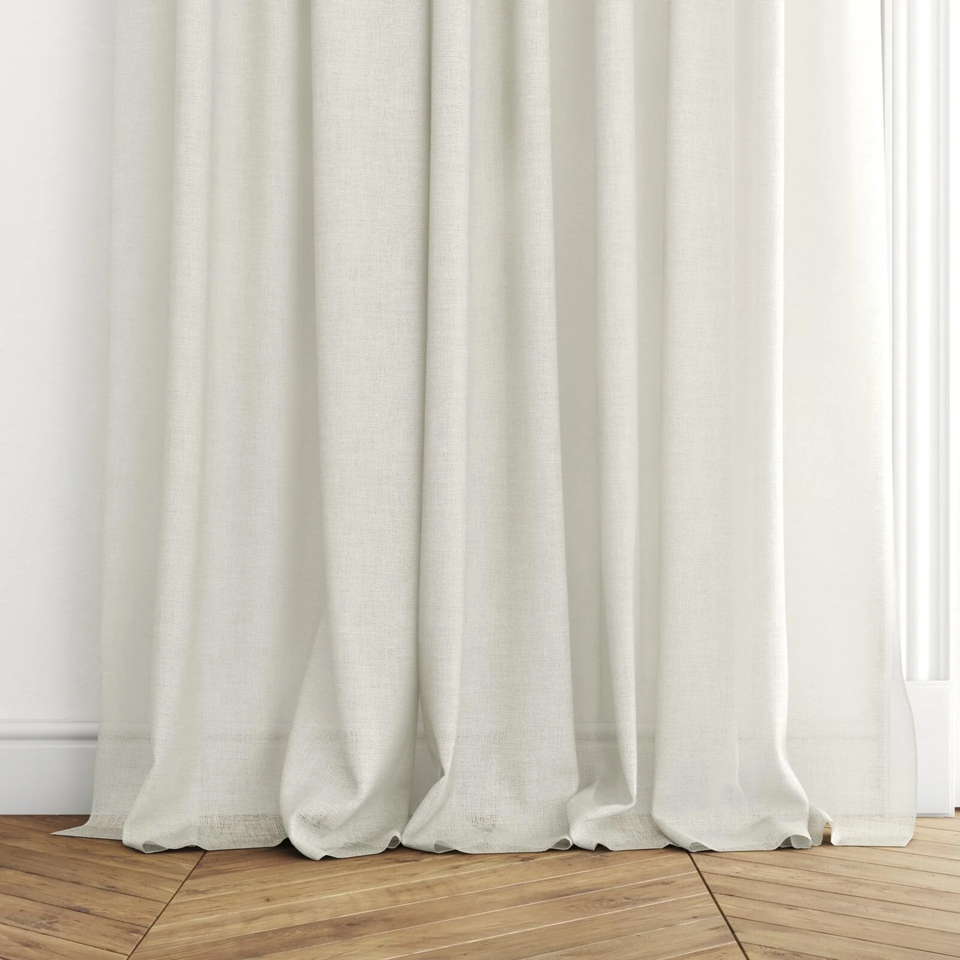 Bottom view of Statement Cream, puddled with pinch pleat, on curtain rod