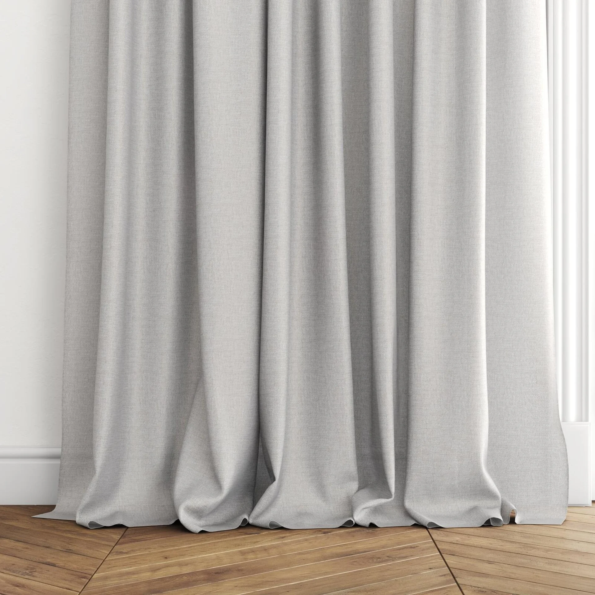 Bottom view of Twister Plaza, puddled with pinch pleat, on curtain rod