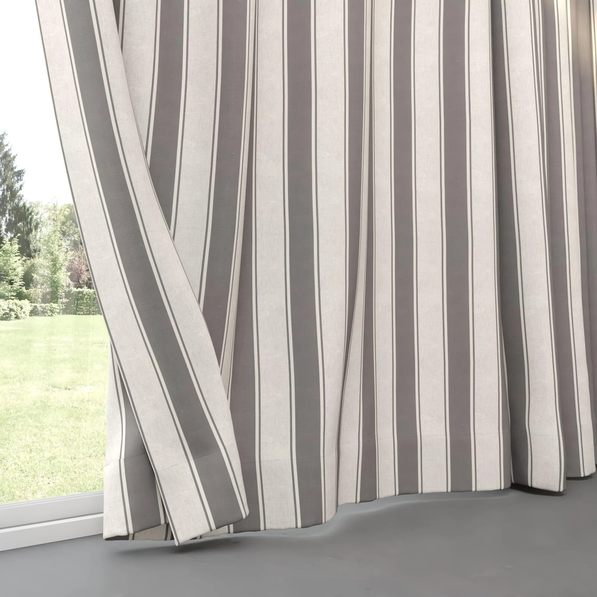 Bottom view of Broad Stripe Charcoal, pinch pleat