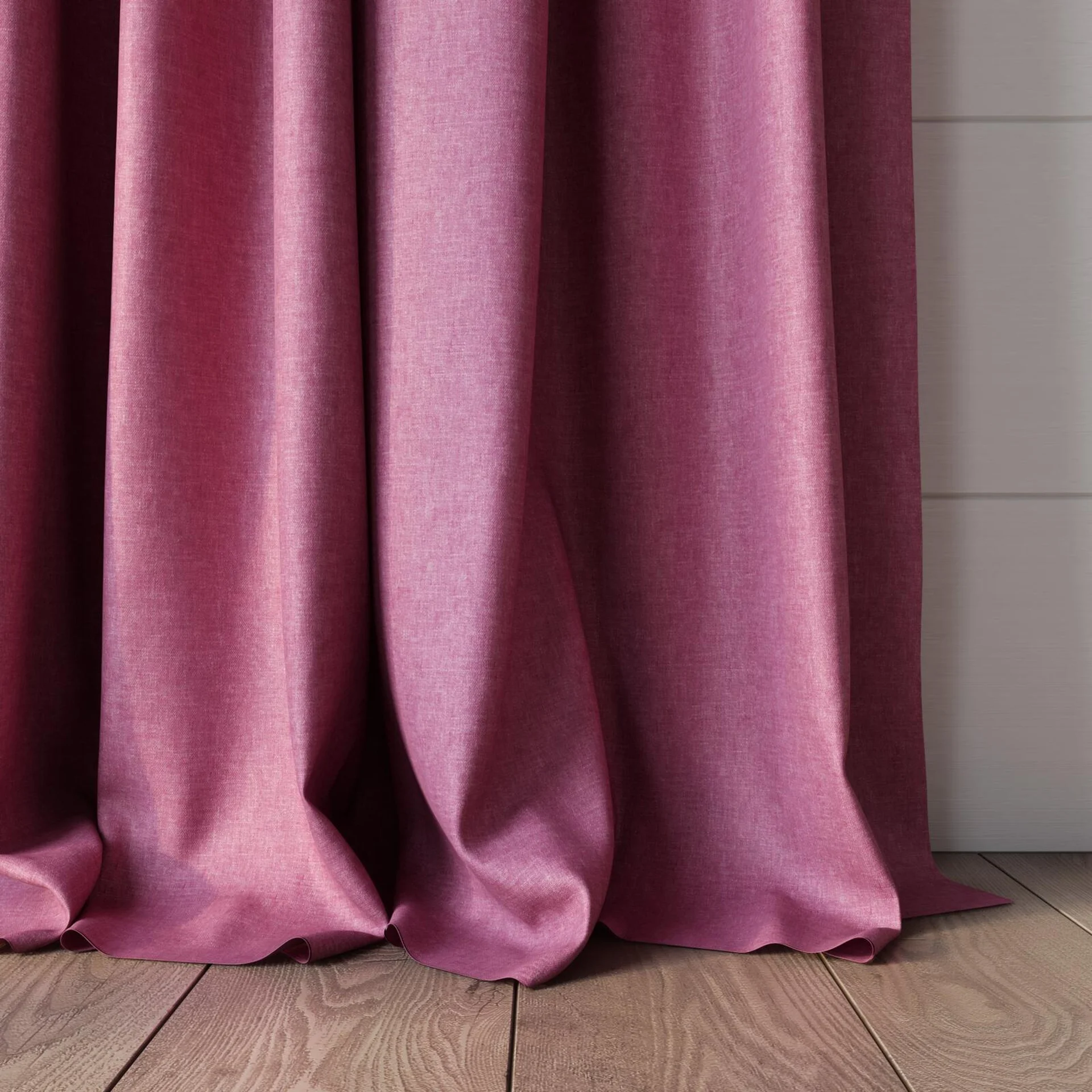 Bottom view of Hometown Fuchsia, puddled, on curtain rod