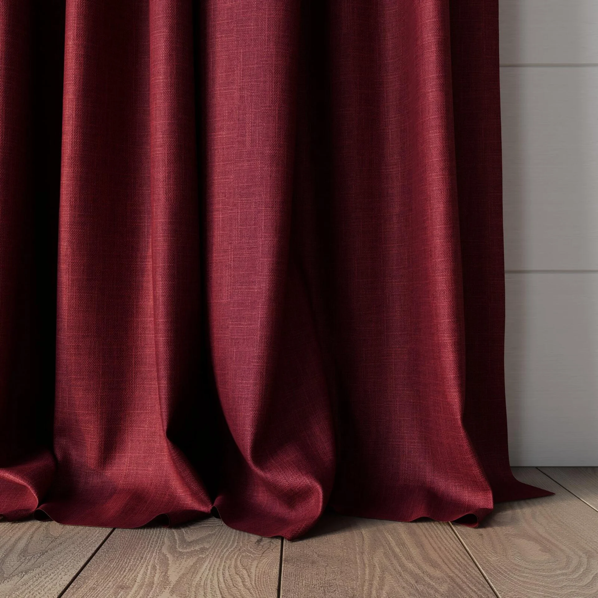 Bottom view of Frisco Cerise, puddled, on curtain rod