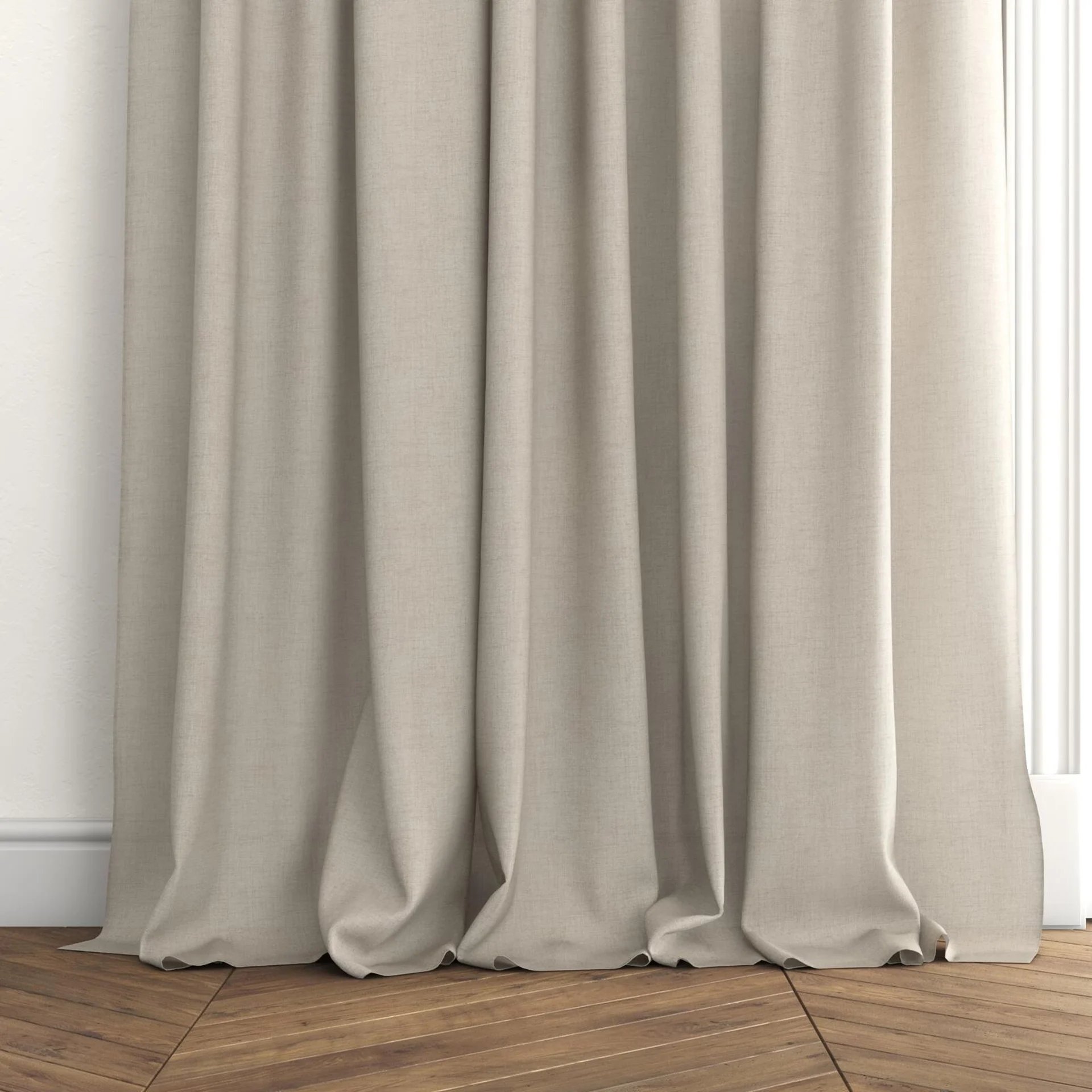 Bottom view of Rava Almond, puddled with pinch pleat, on curtain rod