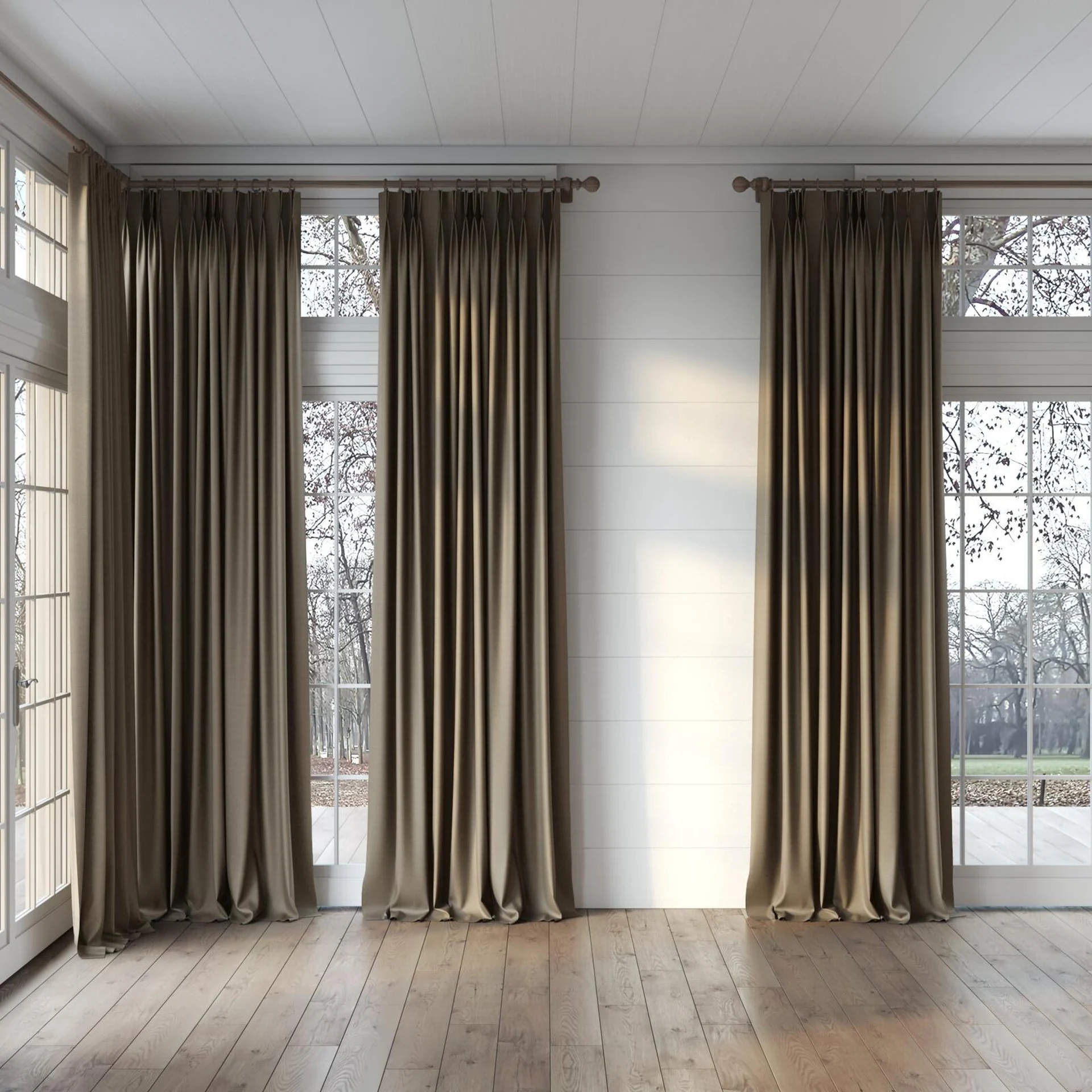 Full view of Linex Walnut, puddled, on curtain rod