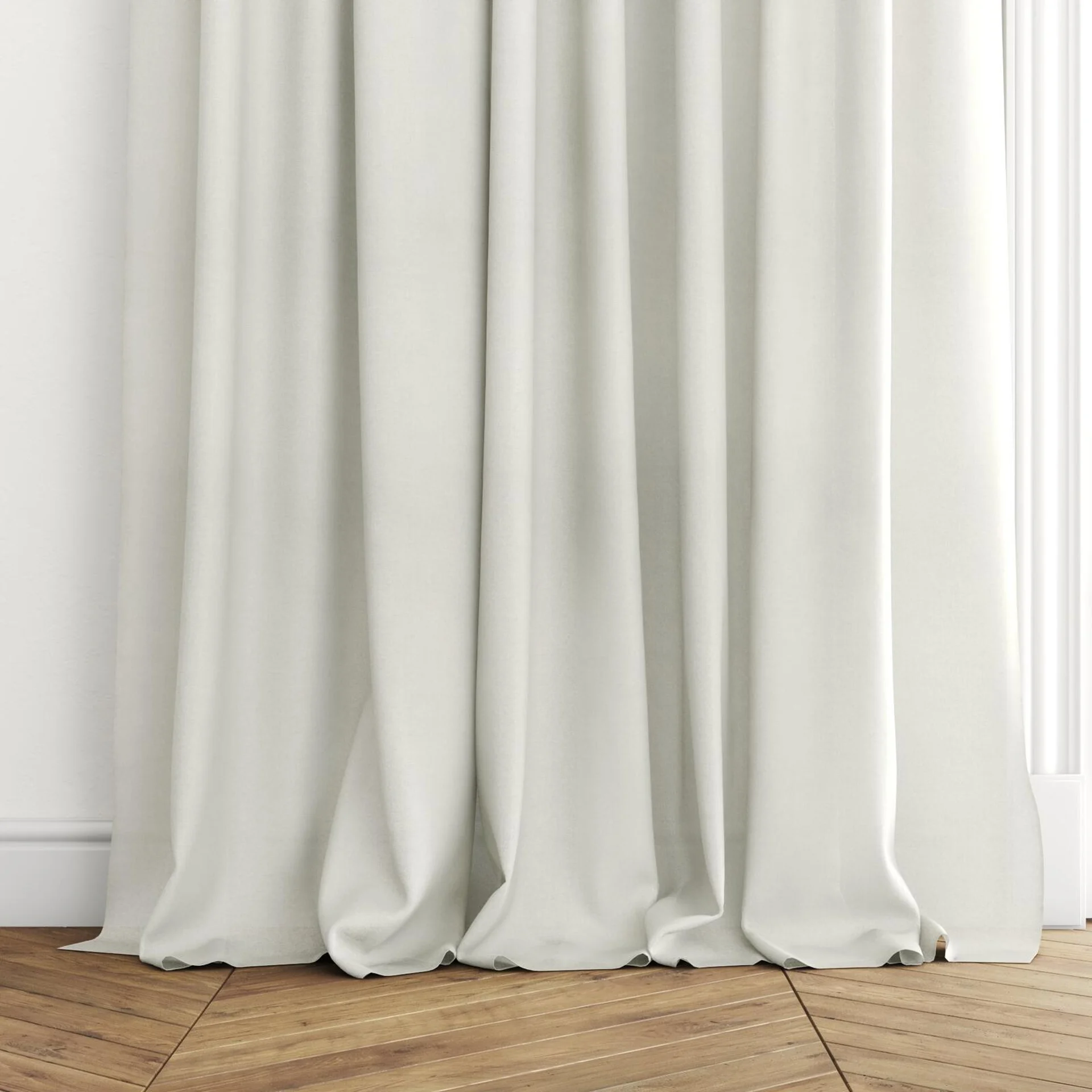 Bottom view of Open Flax, puddled with pinch pleat, on curtain rod