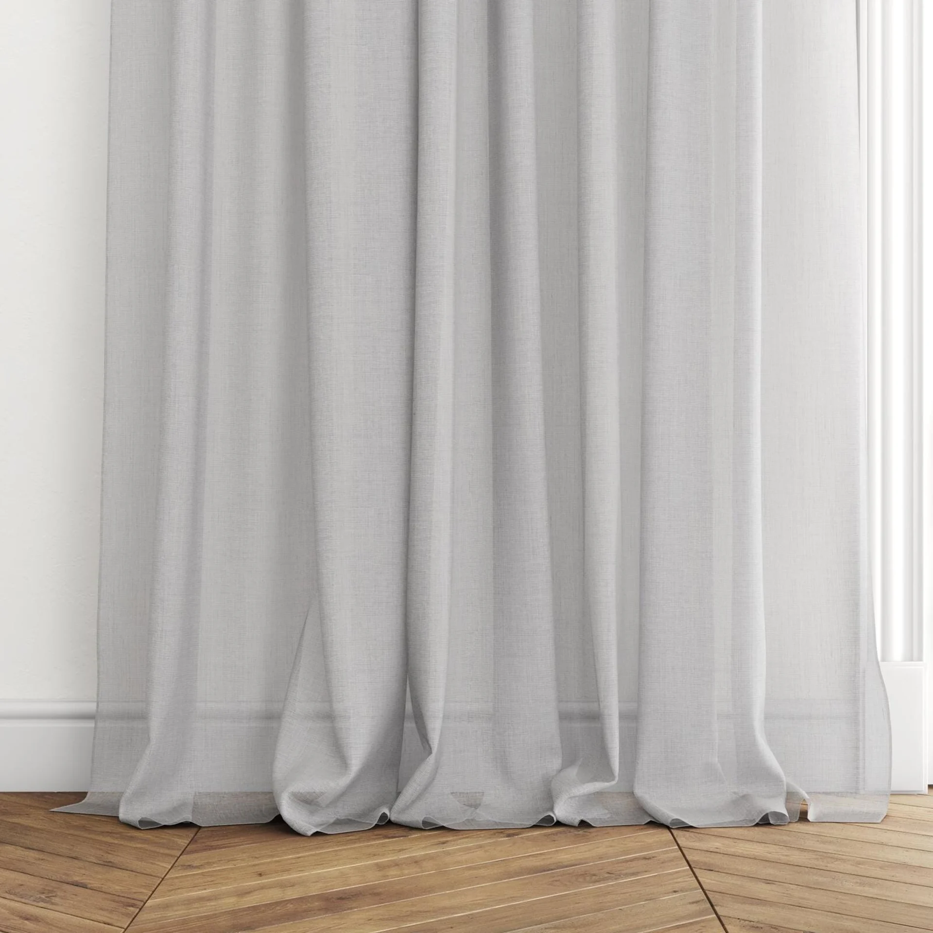 Bottom view of Antipodes Pacific, puddled with pinch pleat, on curtain rod