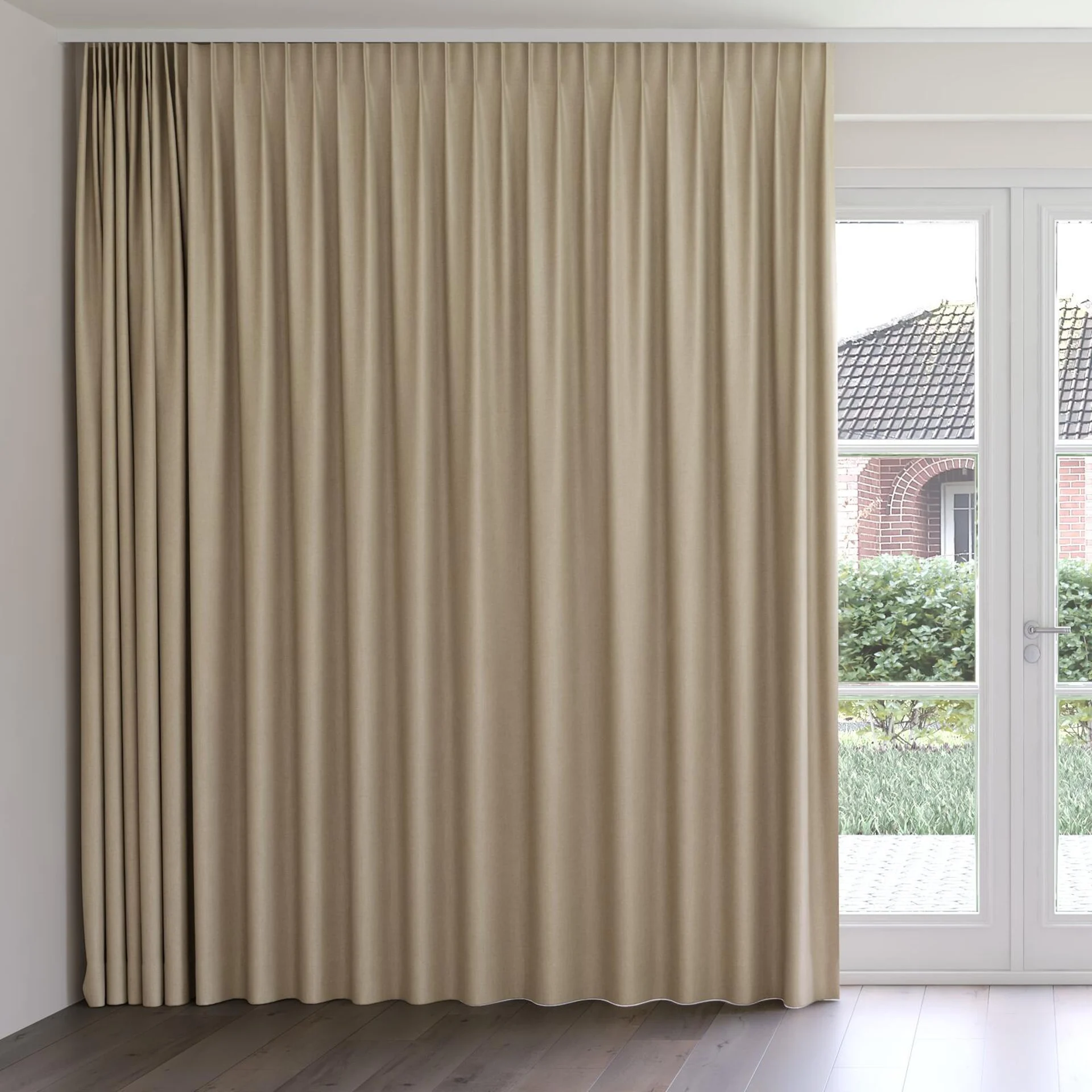 Front view of Cushy Putty, on curtain rail
