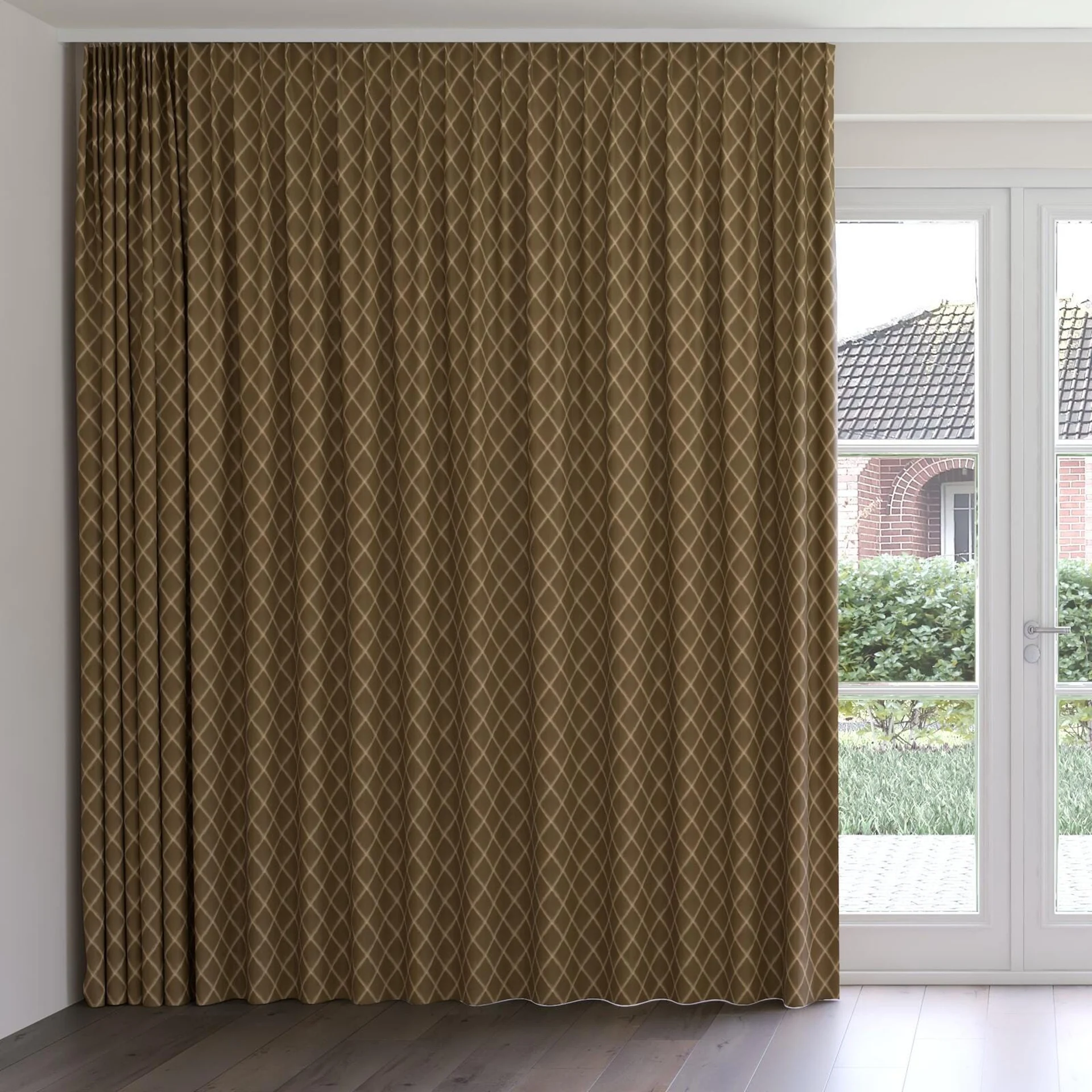 Front view of Pantheon Caramel, on curtain rail