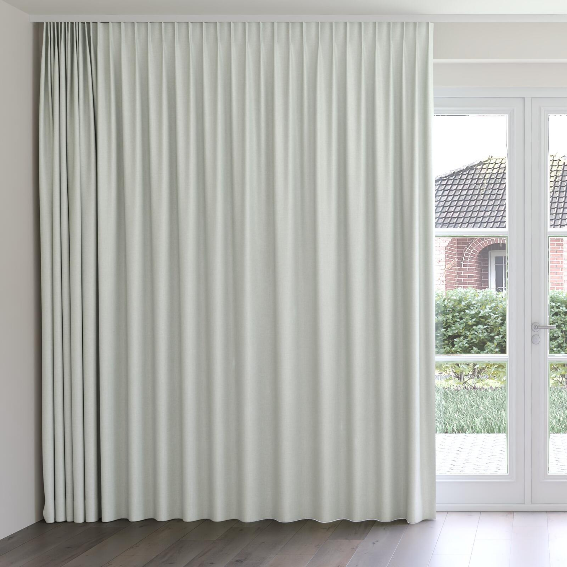 Front view of Cushy Silver, on curtain rail