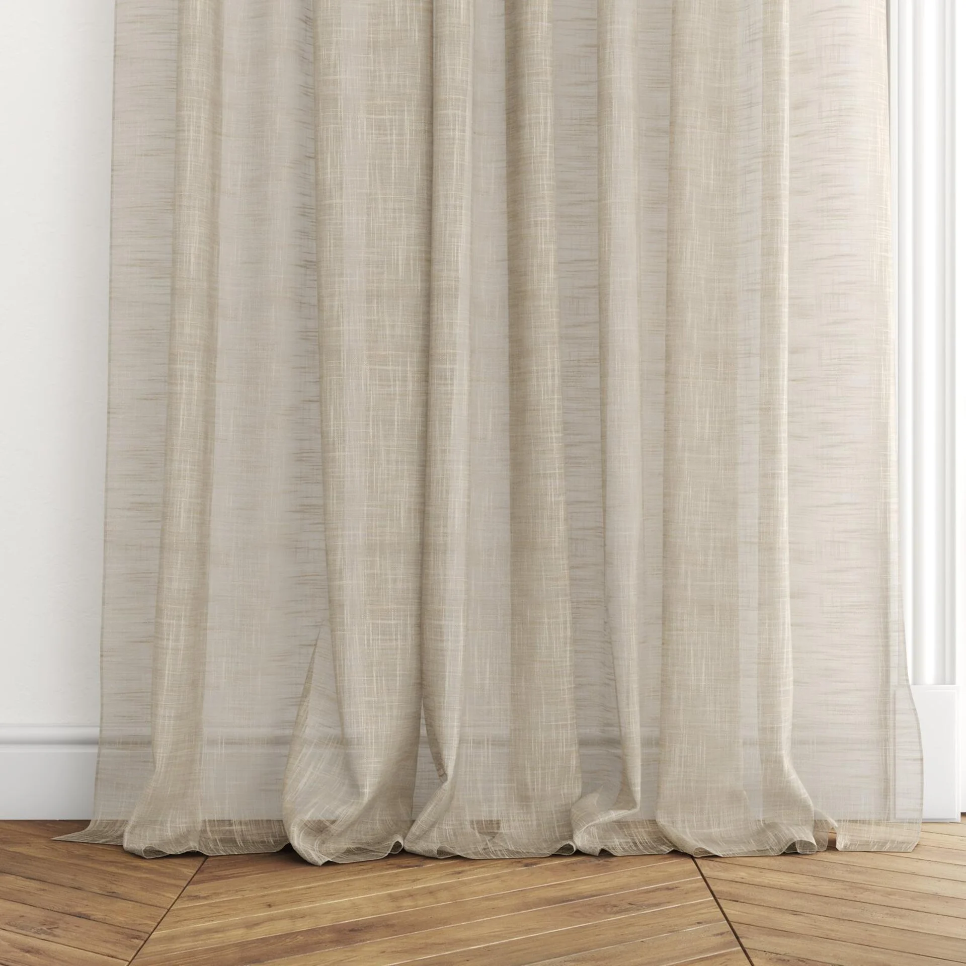 Bottom view of Jaipur Linen, puddled with pinch pleat, on curtain rod