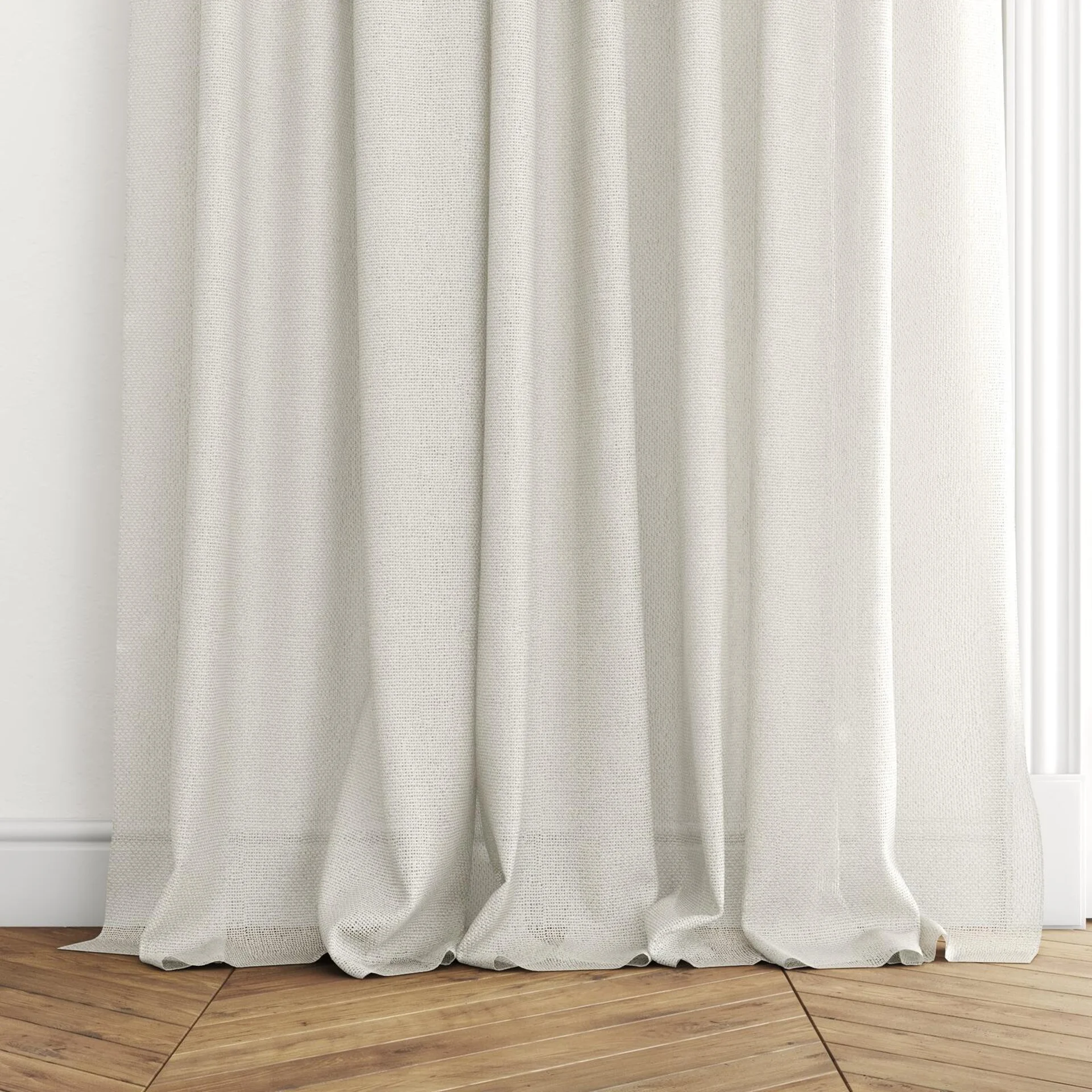 Bottom view of Tactility Natural, puddled with pinch pleat, on curtain rod