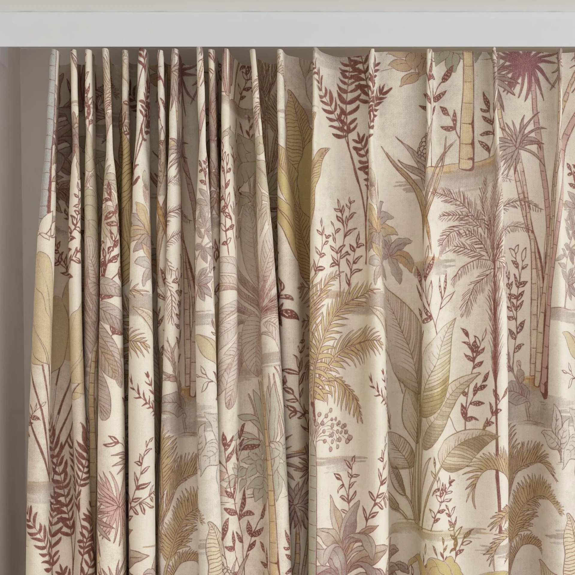 Top view of Paloma Calico, on curtain rail