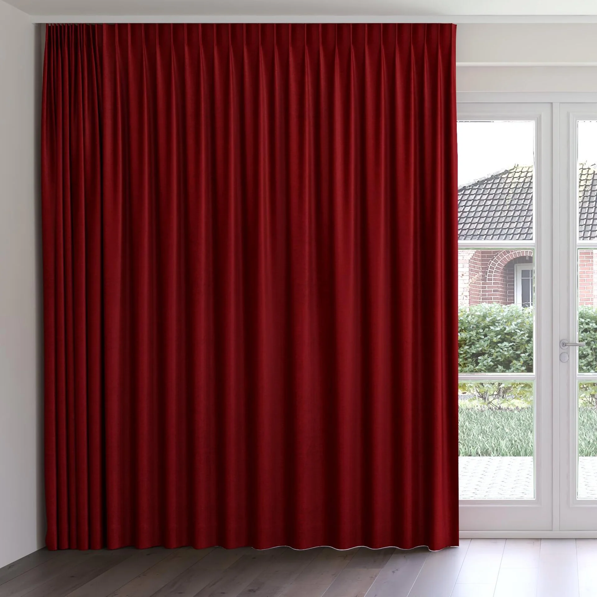 Front view of Lambada Pomegranate, on curtain rail