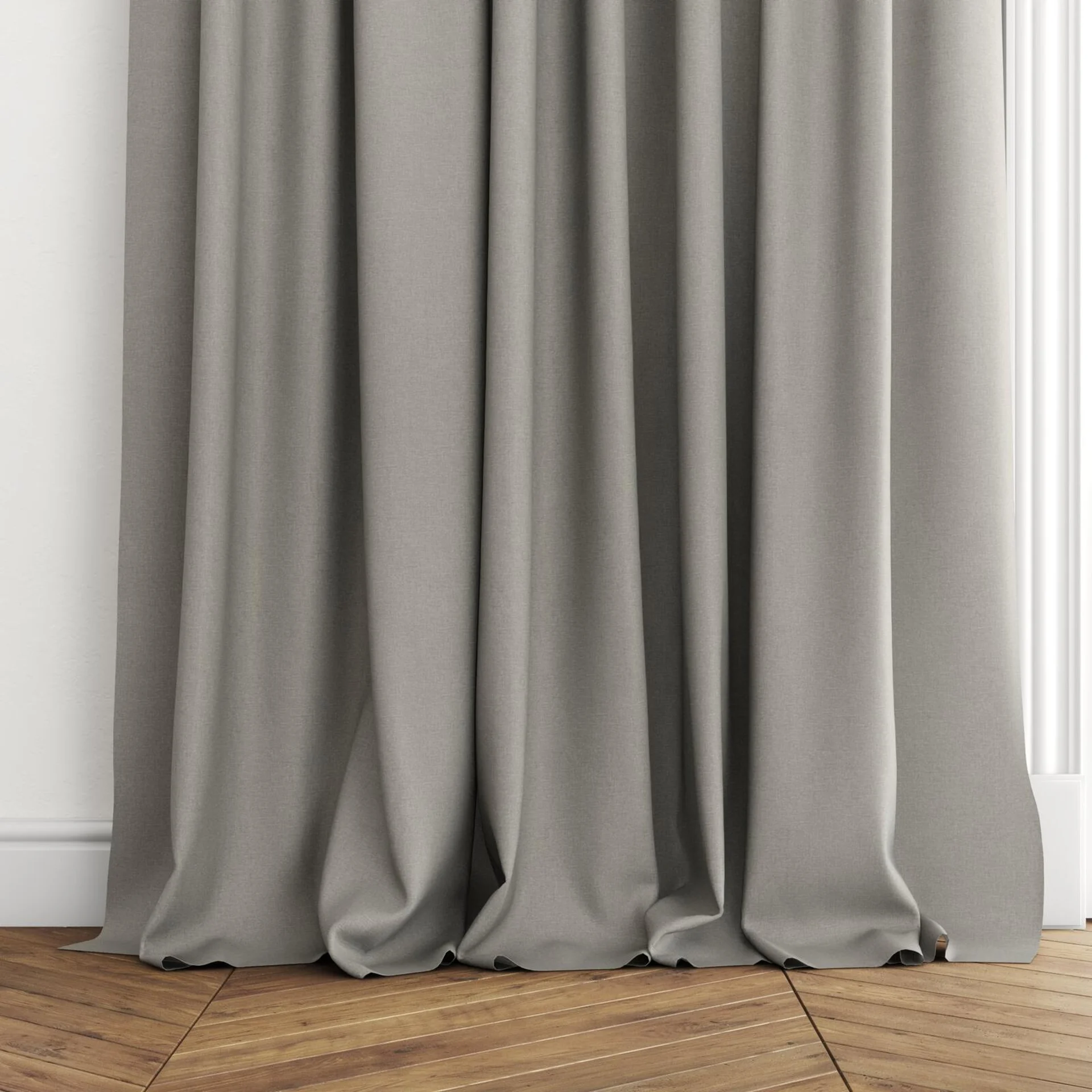 Bottom view of Ophelia Elephant, puddled with pinch pleat, on curtain rod