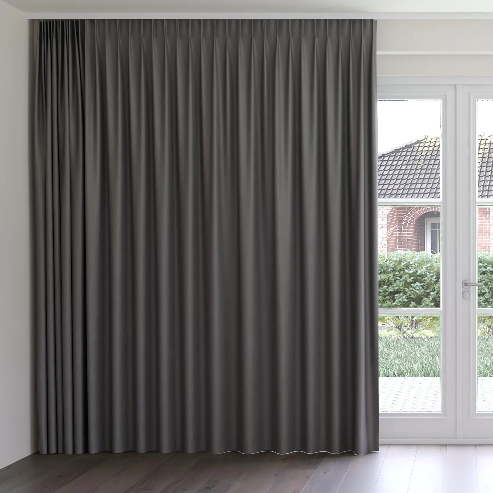 Front view of Re Delis Walnut, on curtain rail