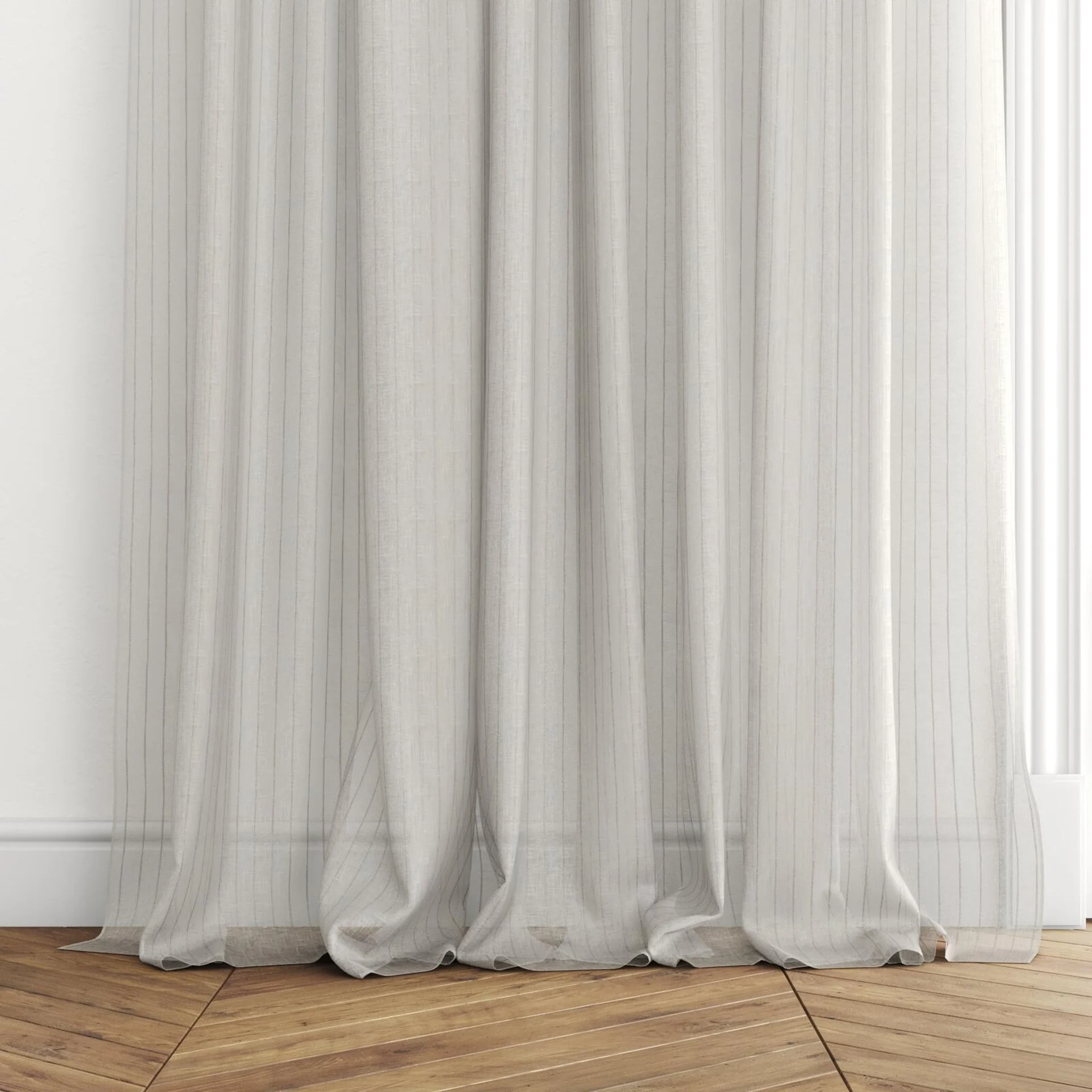 Bottom view of Nikau Stone, puddled with pinch pleat, on curtain rod