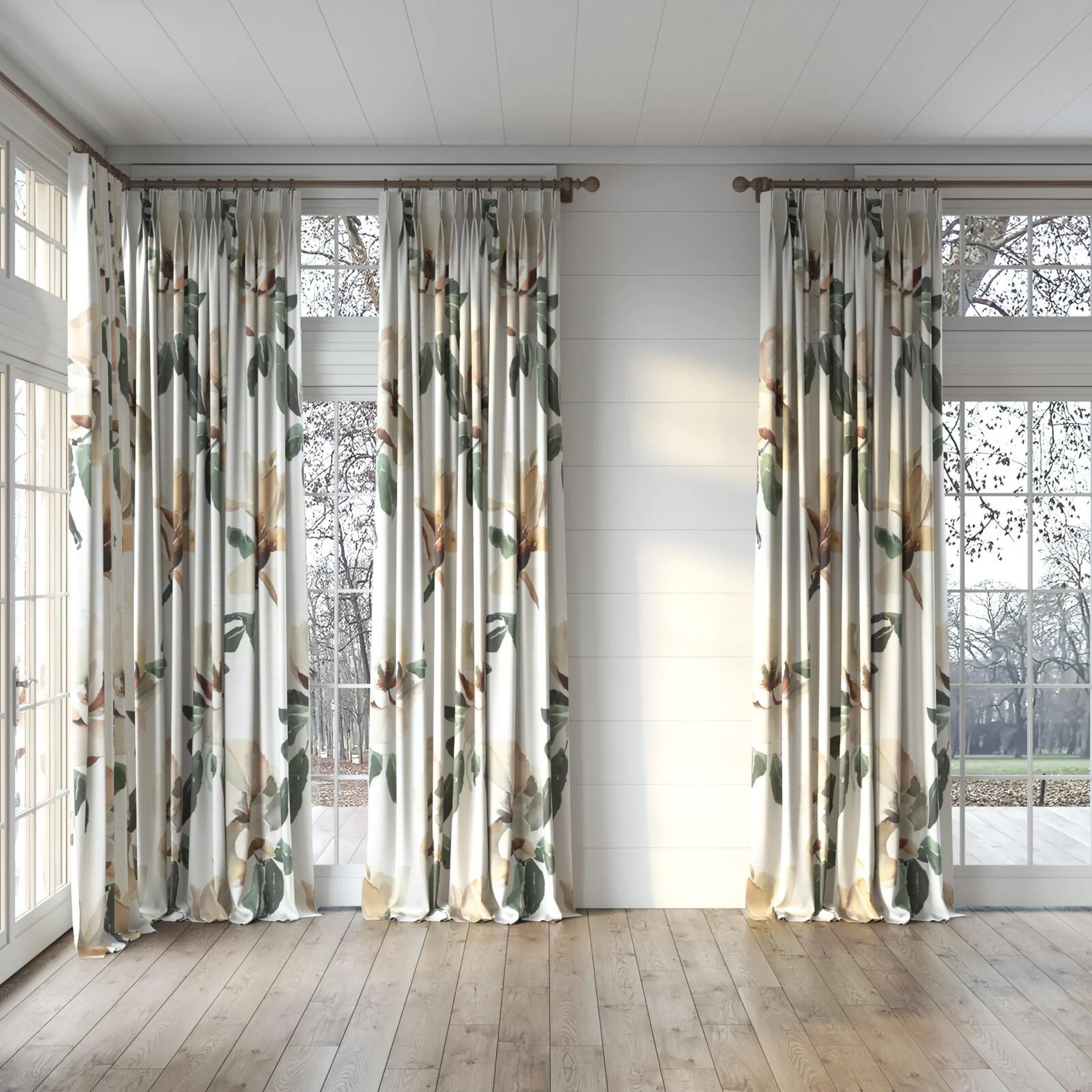 Full view of Magnolia Grandiflora Cayenne, puddled, on curtain rod