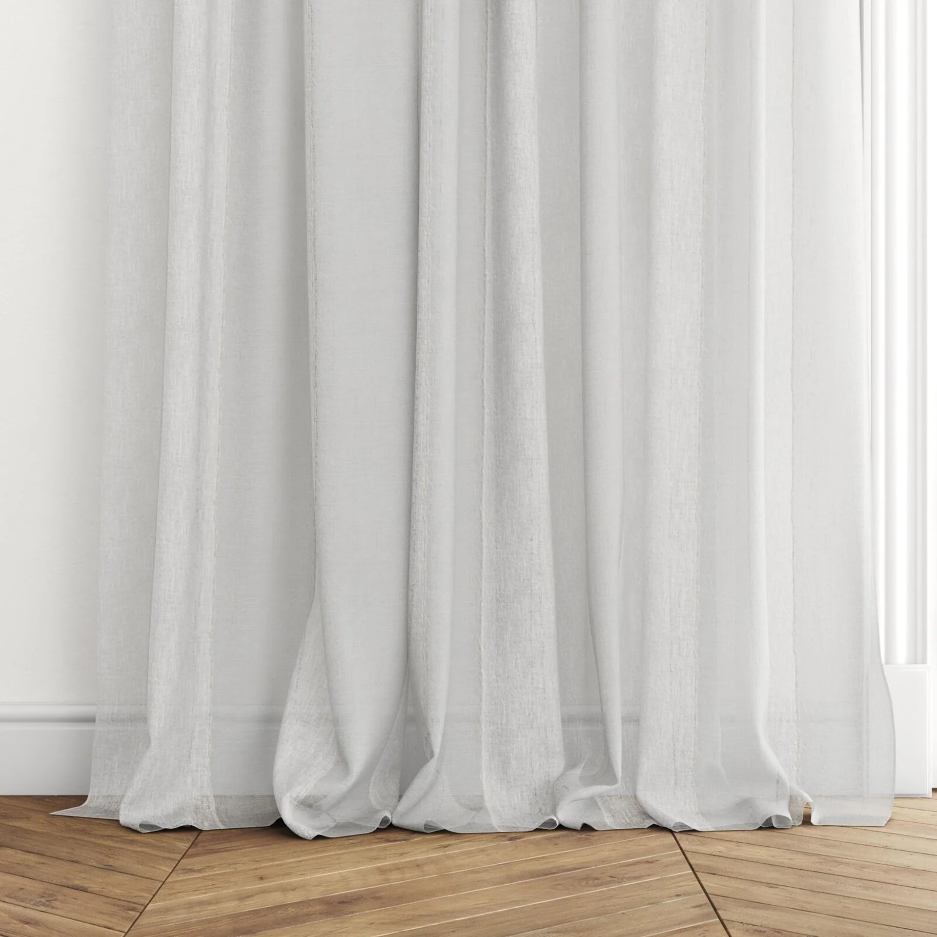 Bottom view of Zanella Stillwater, puddled with pinch pleat, on curtain rod