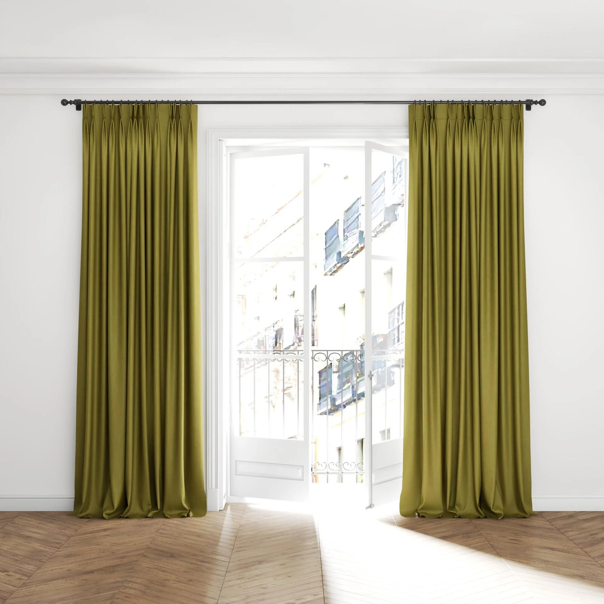 Full view of Bronco Moss, puddled with pinch pleat, on curtain rod