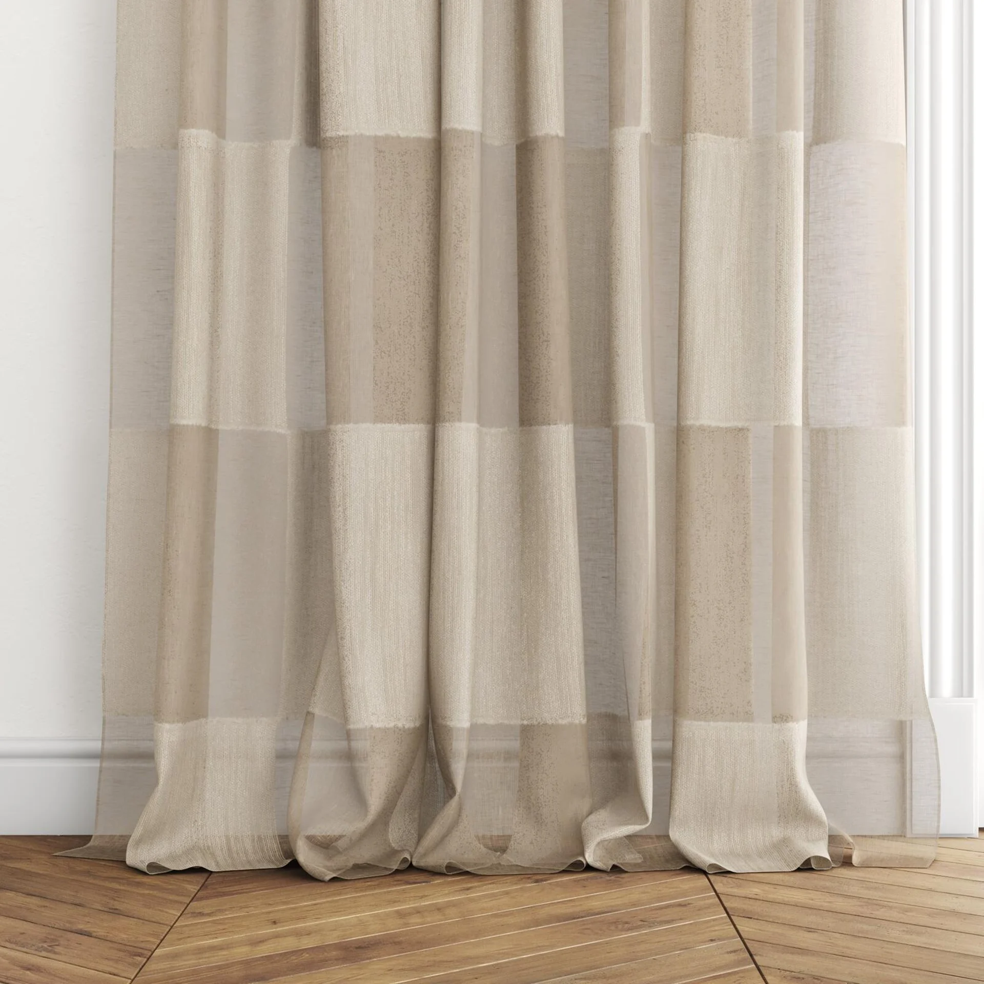 Bottom view of Quadrata Tussah, puddled with pinch pleat, on curtain rod