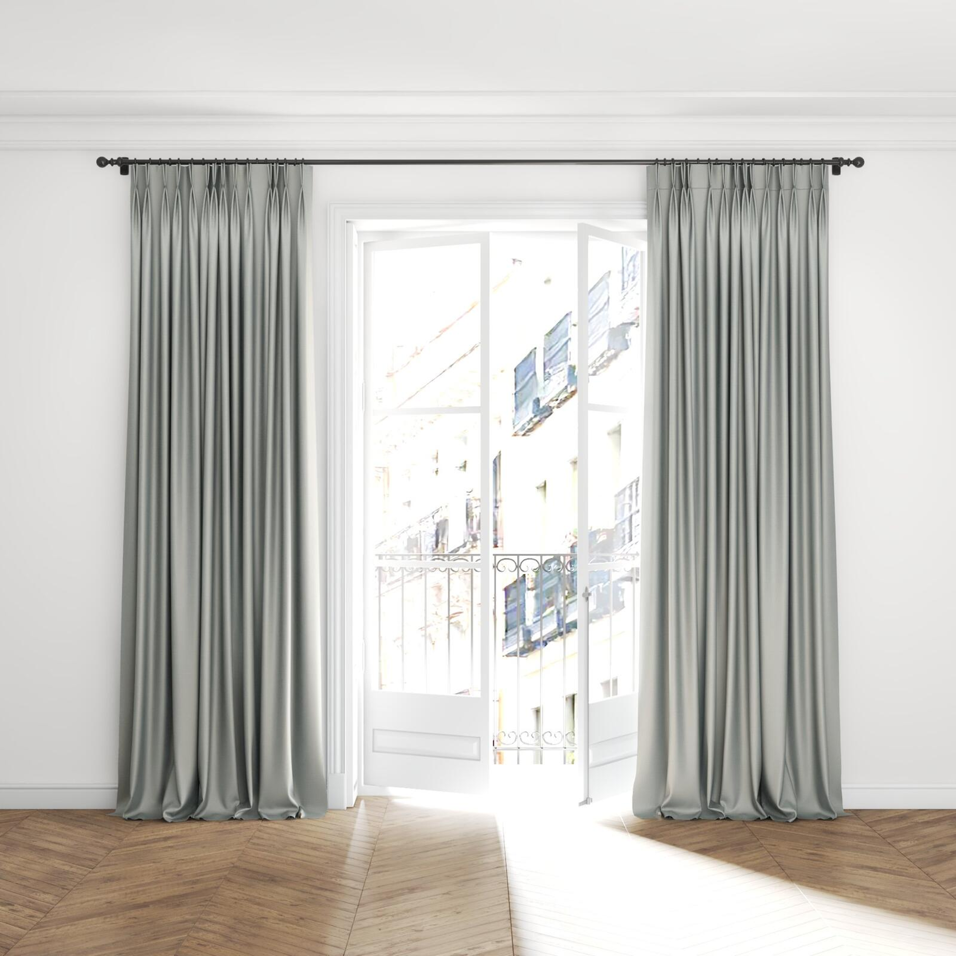 Full view of Stallion 2 Blackout Pumice, puddled with pinch pleat, on curtain rod